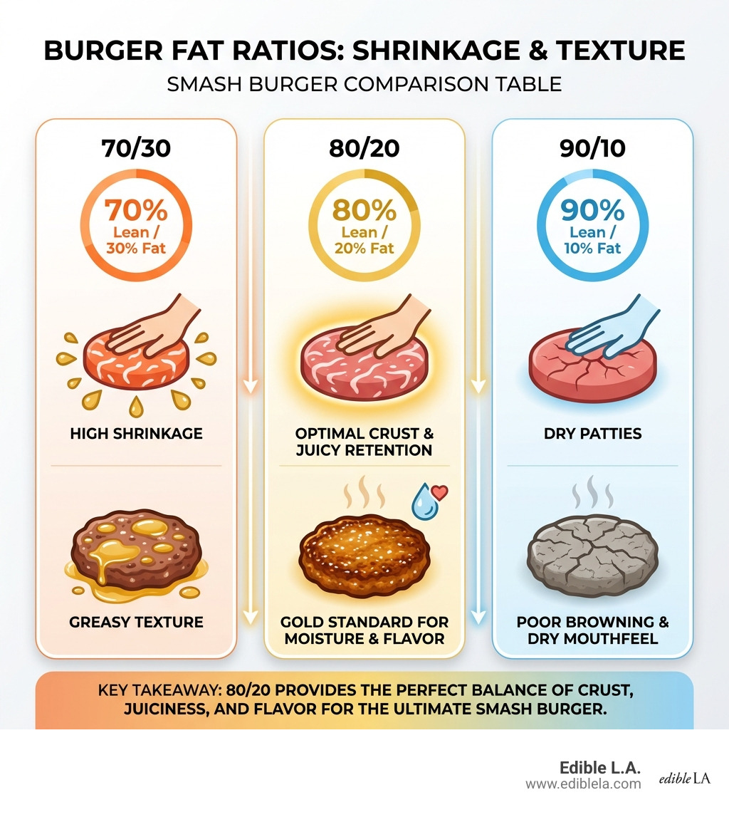 comparison table of fat ratios: 70/30 has high shrinkage and greasy texture; 80/20 has optimal crust and juicy retention; 90/10 results in dry patties and poor browning - best burger blend for smash burgers infographic 