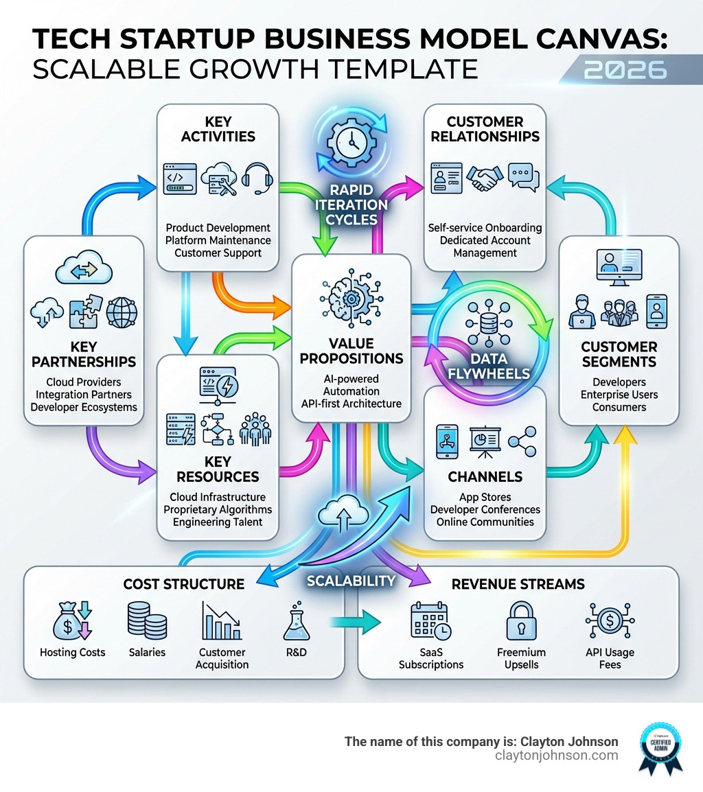 Infographic showing the 9-block Business Model Canvas structure with tech startup examples: Customer Segments (developers, enterprise users, consumers), Value Propositions (AI-powered automation, API-first architecture), Channels (app stores, developer conferences, online communities), Customer Relationships (self-service onboarding, dedicated account management), Revenue Streams (SaaS subscriptions, freemium upsells, API usage fees), Key Resources (cloud infrastructure, proprietary algorithms, engineering talent), Key Activities (product development, platform maintenance, customer support), Key Partnerships (cloud providers, integration partners, developer ecosystems), and Cost Structure (hosting costs, salaries, customer acquisition, R&D). Visual includes arrows showing interconnections between blocks and highlights tech-specific considerations like scalability, data flywheels, and rapid iteration cycles. - BMC tech startup template infographic 