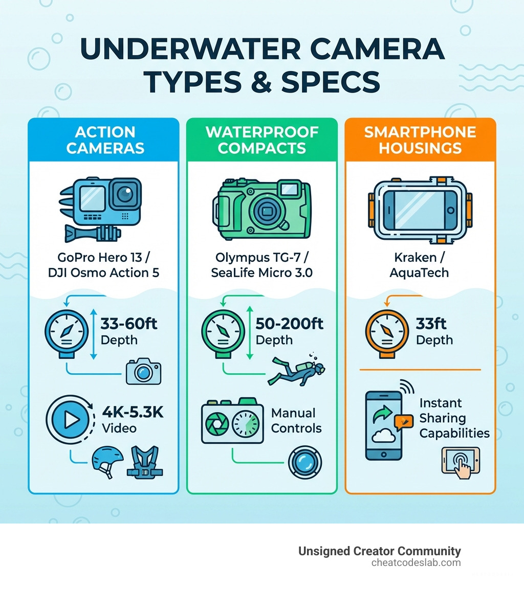 Infographic showing three camera types: Action Cameras (GoPro Hero 13, DJI Osmo Action 5) with 33-60ft depth ratings and 4K-5.3K video; Waterproof Compacts (Olympus TG-7, SeaLife Micro 3.0) with 50-200ft depth and manual controls; and Smartphone Housings (Kraken, AquaTech) with 33ft depth and instant sharing capabilities - Best camera for underwater infographic 