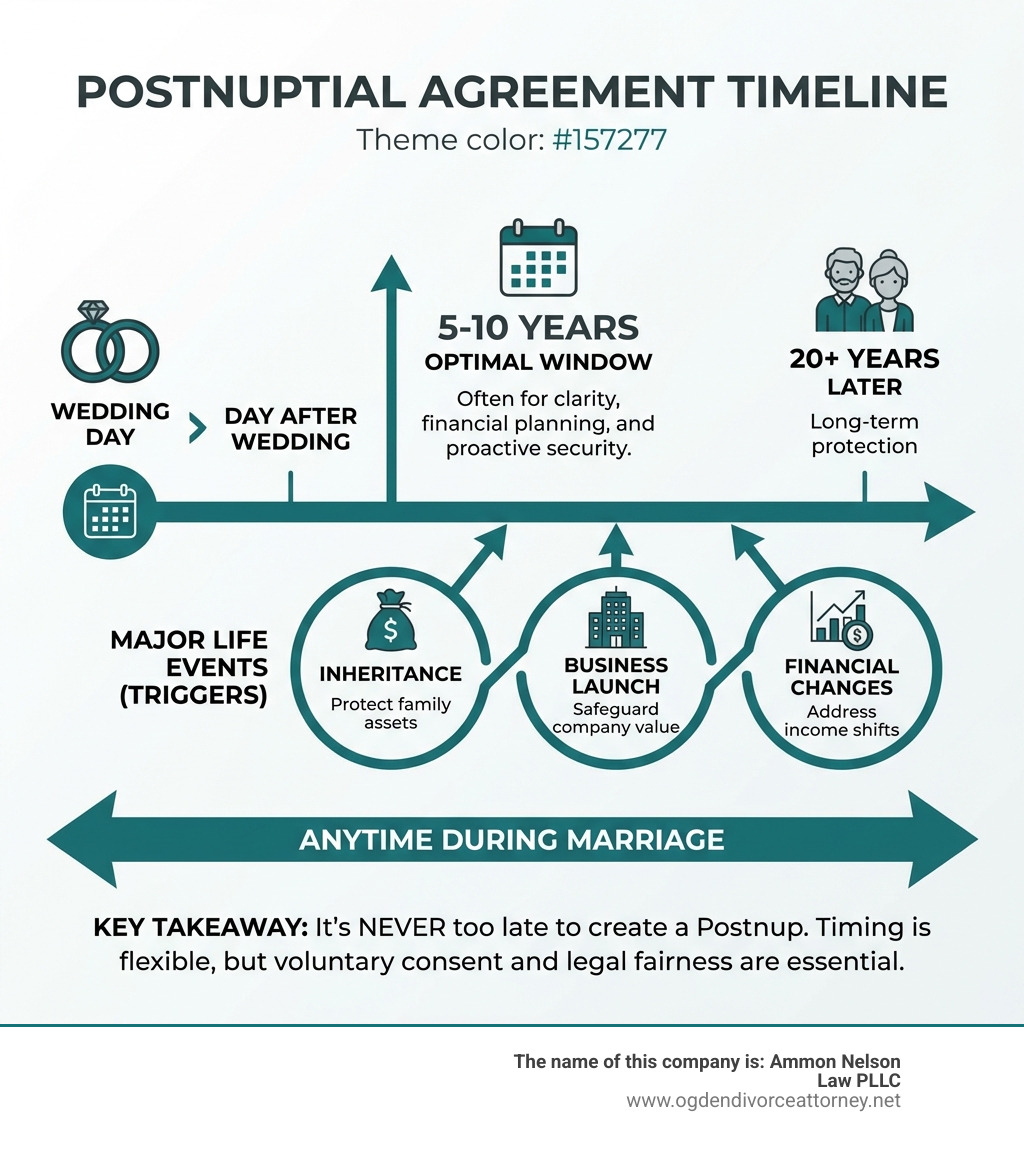 infographic showing postnuptial agreement timeline from wedding day through decades of marriage, highlighting key milestones like day after wedding, 5-10 years optimal window, 20+ years later, and major life events like inheritance, business launch, or financial changes that trigger postnup creation - how long after marriage can you get a postnuptial agreement infographic infographic showing postnuptial agreement timeline from wedding day through decades of marriage, highlighting key milestones like day after wedding, 5-10 years optimal window, 20+ years later, and major life events like inheritance, business launch, or financial changes that trigger postnup creation - how long after marriage can you get a postnuptial agreement infographic