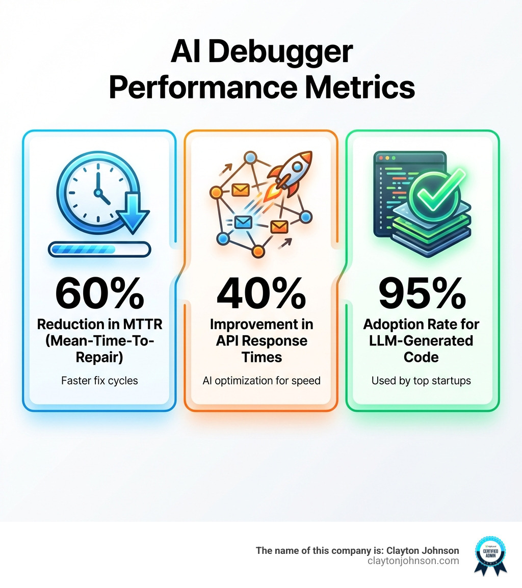 Infographic comparing AI debugger performance: 60% reduction in mean-time-to-repair (MTTR), 40% improvement in API response times through AI optimization, and a 95% adoption rate for LLM-generated code in top startups - ai code debugger infographic Infographic comparing AI debugger performance: 60% reduction in mean-time-to-repair (MTTR), 40% improvement in API response times through AI optimization, and a 95% adoption rate for LLM-generated code in top startups - ai code debugger infographic