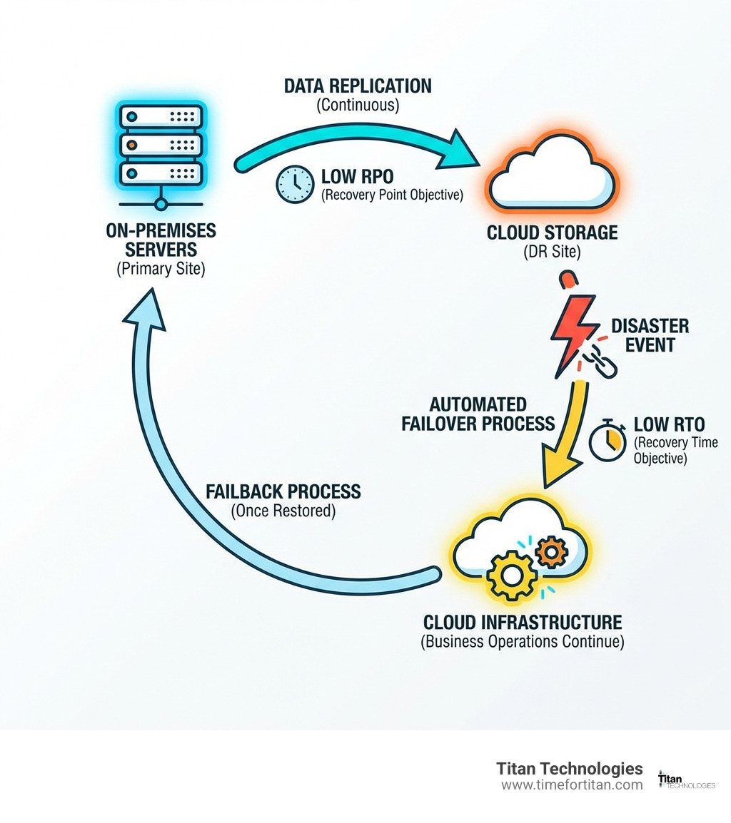 Detailed infographic showing the DRaaS workflow: data replication from on-premises servers to cloud storage, automated failover process when disaster strikes, business operations continuing on cloud infrastructure, and failback process once primary site is restored, with RPO and RTO metrics labeled at each stage - disaster recovery as a service providers infographic Detailed infographic showing the DRaaS workflow: data replication from on-premises servers to cloud storage, automated failover process when disaster strikes, business operations continuing on cloud infrastructure, and failback process once primary site is restored, with RPO and RTO metrics labeled at each stage - disaster recovery as a service providers infographic