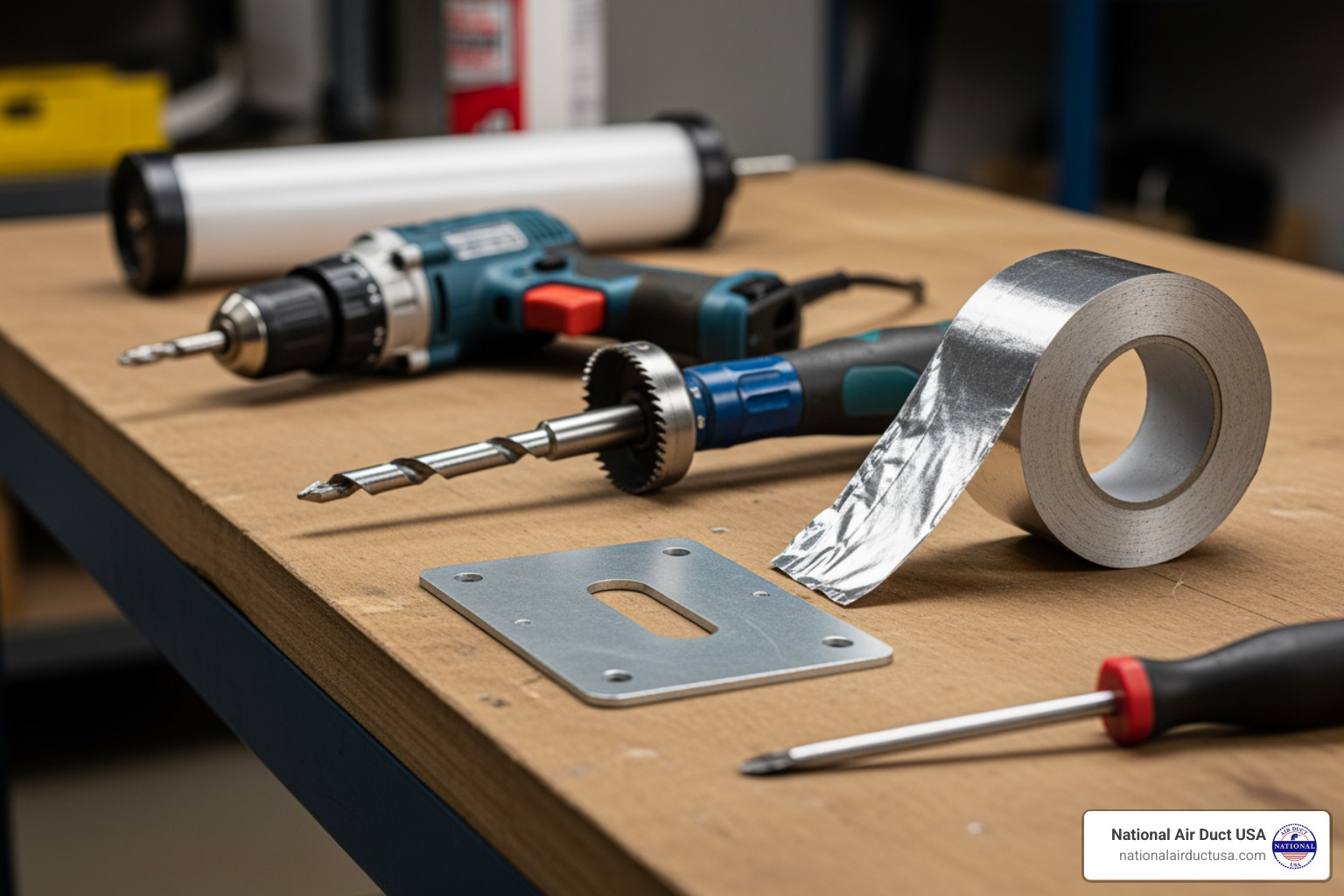 Tools required for HVAC installation: power drill, hole saw, foil tape, mounting plate, and screwdriver - diy uv light for hvac