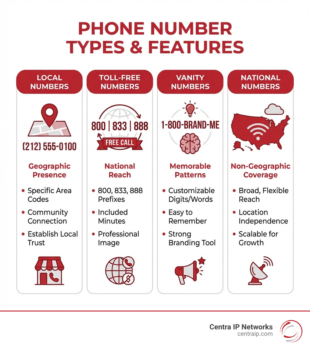 infographic showing comparison of local numbers with area codes, toll-free numbers with 800/833/888 prefixes and included minutes, vanity numbers with memorable patterns, and national numbers with non-geographic coverage - buy phone number online infographic infographic showing comparison of local numbers with area codes, toll-free numbers with 800/833/888 prefixes and included minutes, vanity numbers with memorable patterns, and national numbers with non-geographic coverage - buy phone number online infographic