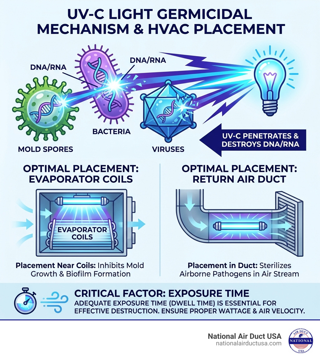 Infographic showing how UV-C light penetrates and destroys DNA/RNA of mold spores, bacteria, and viruses in HVAC systems, including optimal placement near evaporator coils and in return air ducts with exposure time requirements - diy uv light for hvac infographic 