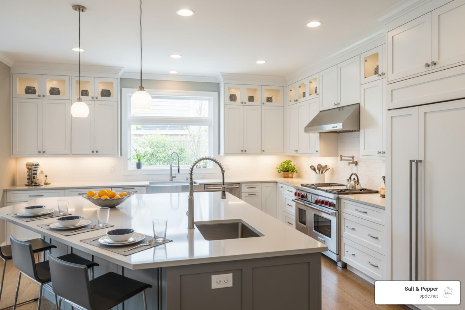 U-shaped kitchen with a large central island featuring a sink and seating, showcasing efficient workflow and ample storage - kitchen layout options