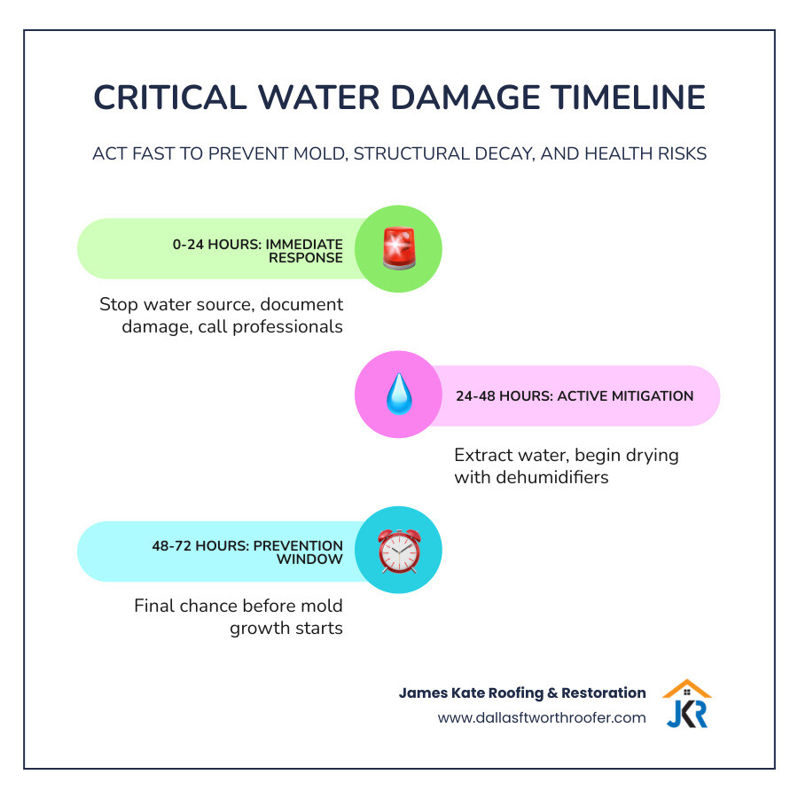 Infographic showing the critical 24-72 hour water damage timeline, with stages including immediate response (0-24 hours: stop water source, document damage, call professionals), active mitigation (24-48 hours: water extraction and drying begins), and prevention window (48-72 hours: final window before mold growth starts), with icons showing equipment used at each phase and health risks that increase over time - Water Damage solar infographic infographic-line-3-steps-colors Infographic showing the critical 24-72 hour water damage timeline, with stages including immediate response (0-24 hours: stop water source, document damage, call professionals), active mitigation (24-48 hours: water extraction and drying begins), and prevention window (48-72 hours: final window before mold growth starts), with icons showing equipment used at each phase and health risks that increase over time - Water Damage solar infographic infographic-line-3-steps-colors