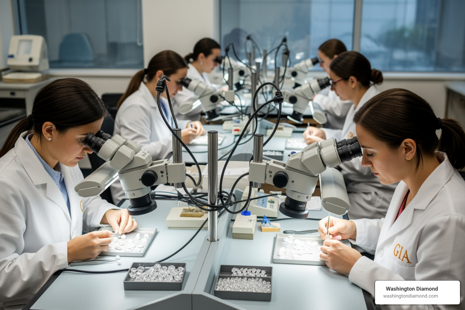 GIA laboratory setting with gemologists examining diamonds - GIA diamond appraisal