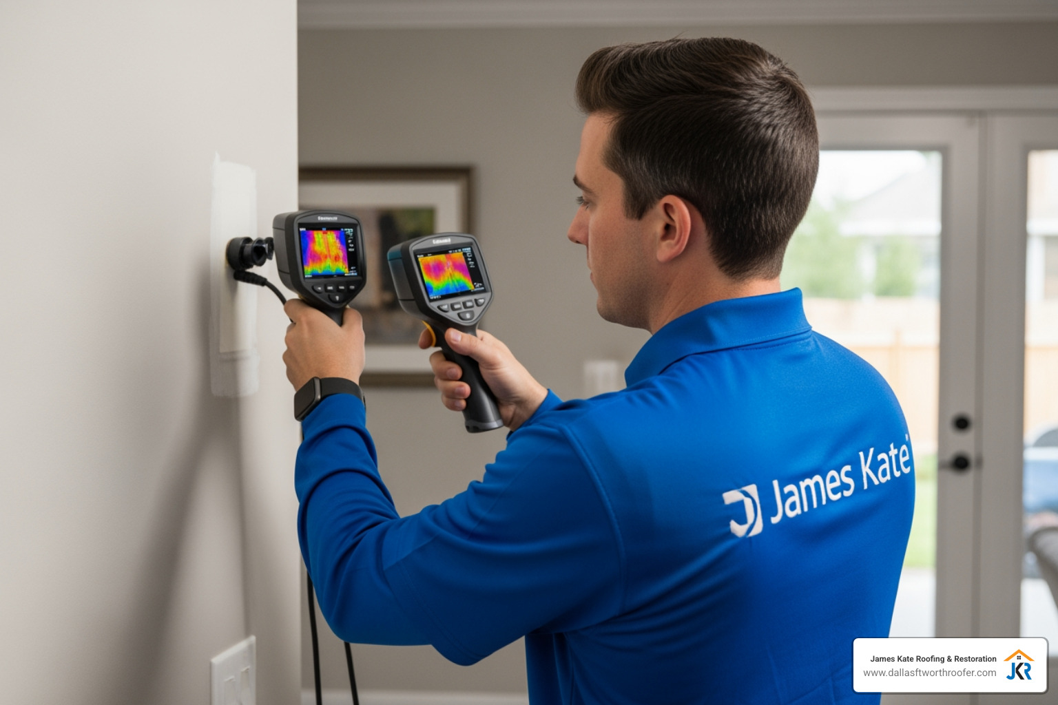 Technician in James Kate shirt using an infrared moisture camera on a residential wall to find hidden leaks behind the drywall - Water Damage solar Technician in James Kate shirt using an infrared moisture camera on a residential wall to find hidden leaks behind the drywall - Water Damage solar