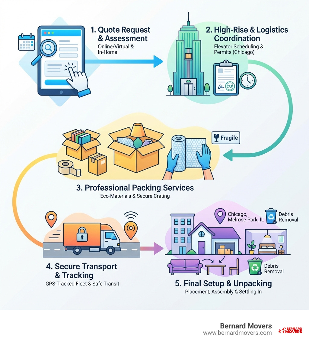 Infographic showing the professional moving process from quote request through unpacking, including steps for high-rise coordination, packing services, secure transport, and final setup in Chicago, Melrose Park, and Illinois locations - Home movers Chicago infographic Infographic showing the professional moving process from quote request through unpacking, including steps for high-rise coordination, packing services, secure transport, and final setup in Chicago, Melrose Park, and Illinois locations - Home movers Chicago infographic