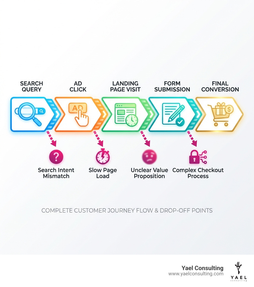 Infographic showing the complete customer journey from search query to ad click, landing page visit, form submission, and final conversion, with key drop-off points highlighted at each stage including search intent mismatch, slow page load, unclear value proposition, and complex checkout process - Increase ad conversions infographic Infographic showing the complete customer journey from search query to ad click, landing page visit, form submission, and final conversion, with key drop-off points highlighted at each stage including search intent mismatch, slow page load, unclear value proposition, and complex checkout process - Increase ad conversions infographic