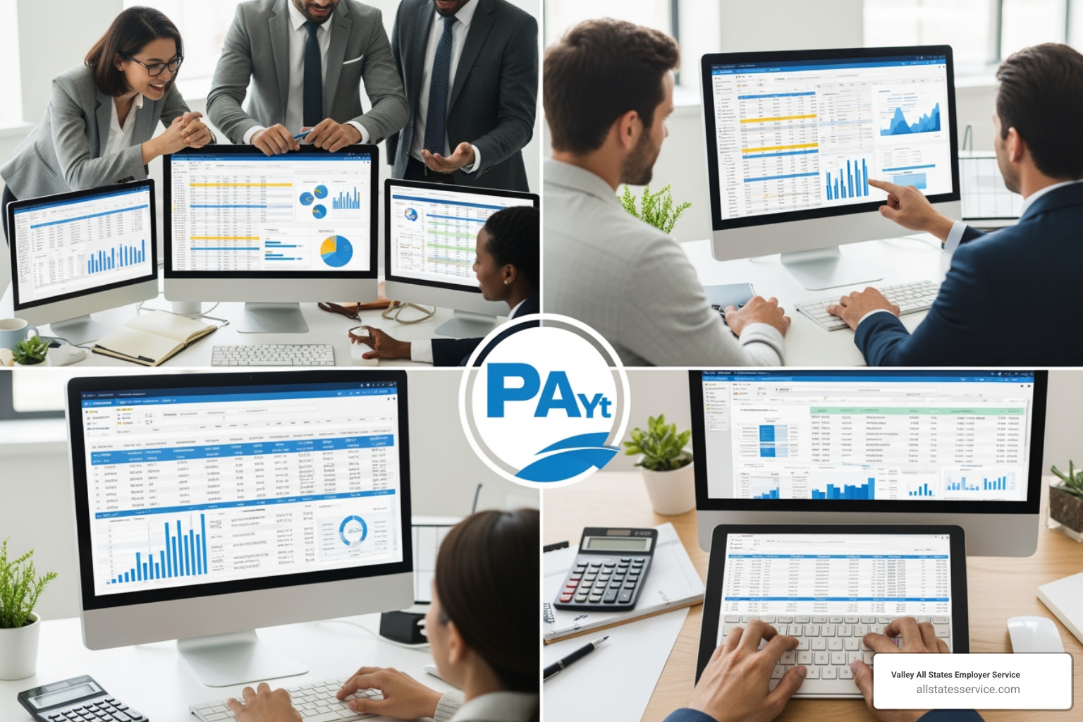 A modern payroll software dashboard showing real-time data on employee hours, upcoming tax deadlines, and a summary of the next payroll run with a clear 'Approve' button - payroll processing firms