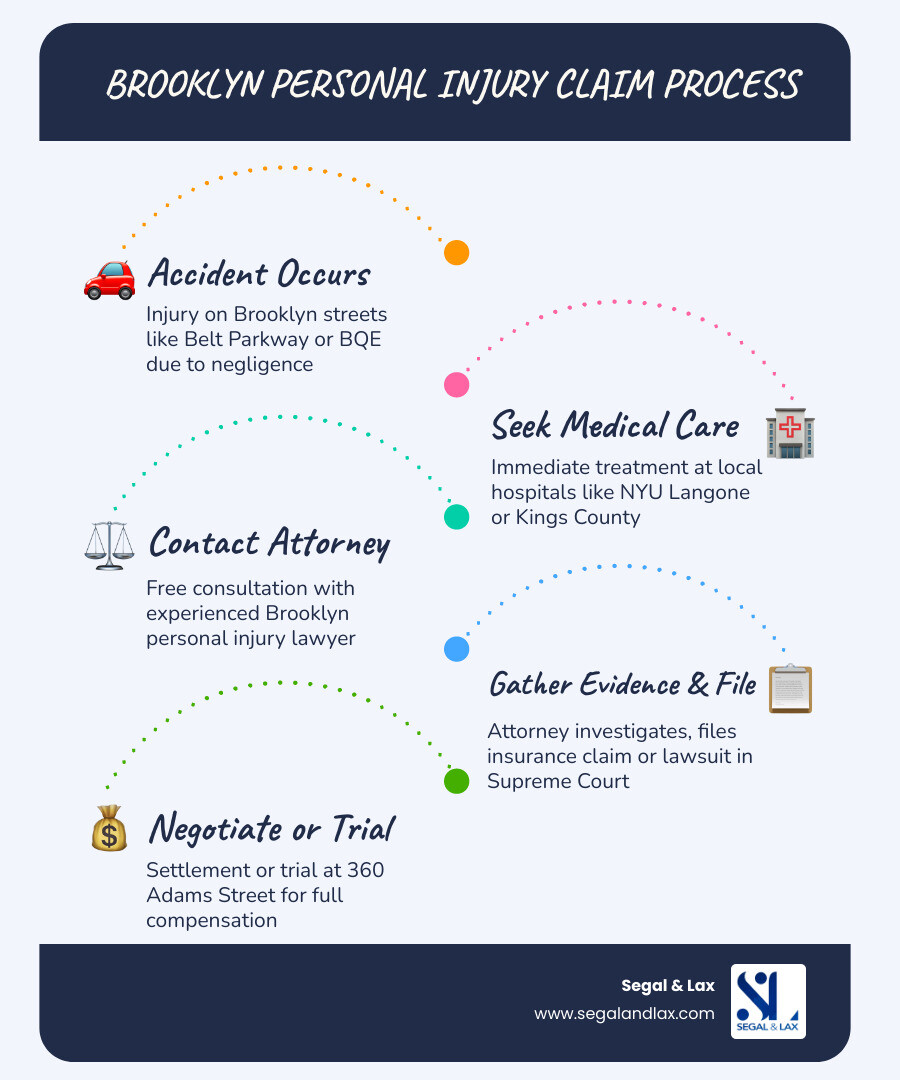 Infographic showing the Brooklyn personal injury claim process: 1) Accident occurs on Brooklyn streets, 2) Seek immediate medical treatment at local hospitals, 3) Contact Brooklyn personal injury attorney for free consultation, 4) Attorney investigates and gathers evidence, 5) File claim with insurance or lawsuit in Brooklyn Supreme Court, 6) Discovery and negotiation phase, 7) Settlement reached or trial at 360 Adams Street courthouse, 8) Compensation received for damages - brooklyn personal injury attorney infographic infographic-line-5-steps-blues-accent_colors Infographic showing the Brooklyn personal injury claim process: 1) Accident occurs on Brooklyn streets, 2) Seek immediate medical treatment at local hospitals, 3) Contact Brooklyn personal injury attorney for free consultation, 4) Attorney investigates and gathers evidence, 5) File claim with insurance or lawsuit in Brooklyn Supreme Court, 6) Discovery and negotiation phase, 7) Settlement reached or trial at 360 Adams Street courthouse, 8) Compensation received for damages - brooklyn personal injury attorney infographic infographic-line-5-steps-blues-accent_colors