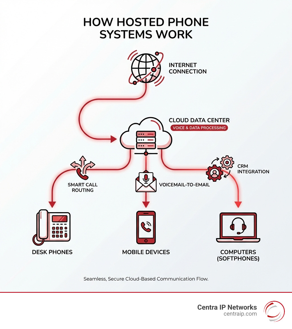 Infographic showing how hosted phone systems work: internet connection flows to cloud data center, which routes calls to desk phones, mobile devices, and computers, with features like voicemail-to-email, call routing, and CRM integration highlighted - hosted phone systems Dallas infographic Infographic showing how hosted phone systems work: internet connection flows to cloud data center, which routes calls to desk phones, mobile devices, and computers, with features like voicemail-to-email, call routing, and CRM integration highlighted - hosted phone systems Dallas infographic