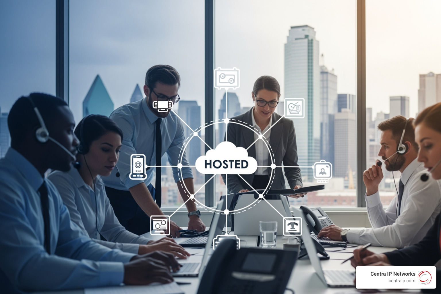 Illustration of cloud-hosted phone system architecture showing a central cloud hub connecting various Dallas office locations, remote workers, and mobile devices via the internet - hosted phone systems Dallas Illustration of cloud-hosted phone system architecture showing a central cloud hub connecting various Dallas office locations, remote workers, and mobile devices via the internet - hosted phone systems Dallas