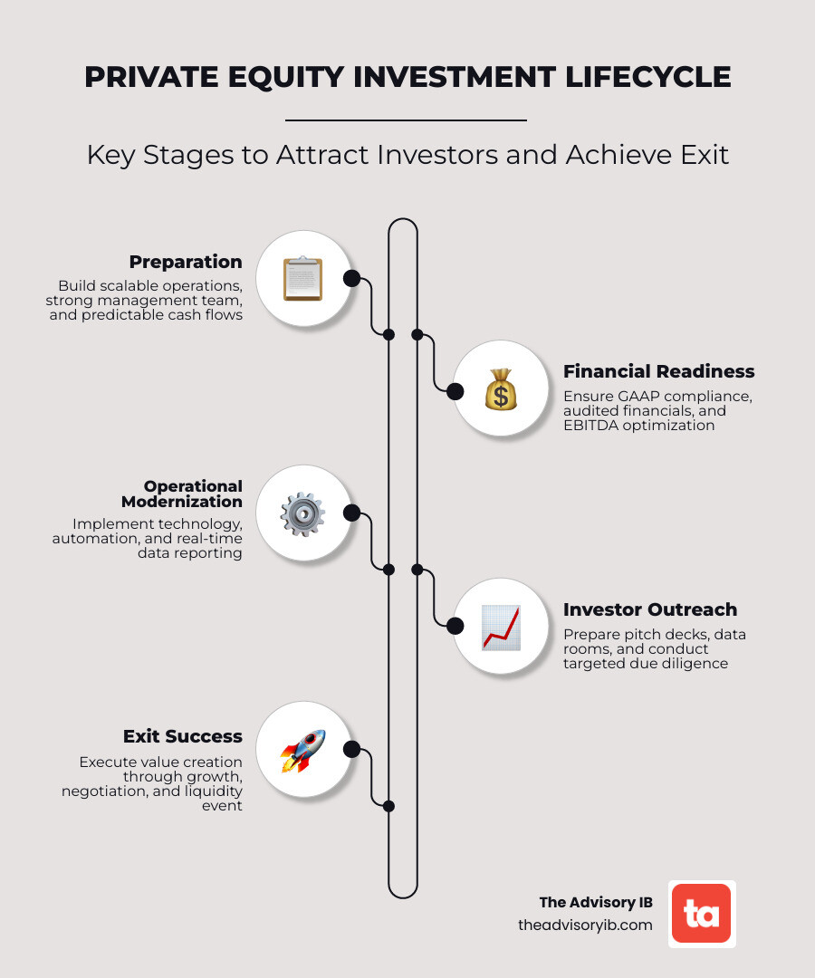 infographic showing the private equity investment lifecycle from preparation through financial readiness, operational modernization, strategic positioning, investor outreach, due diligence, negotiation, and successful exit - Attract private equity investors infographic infographic-line-5-steps-elegant_beige