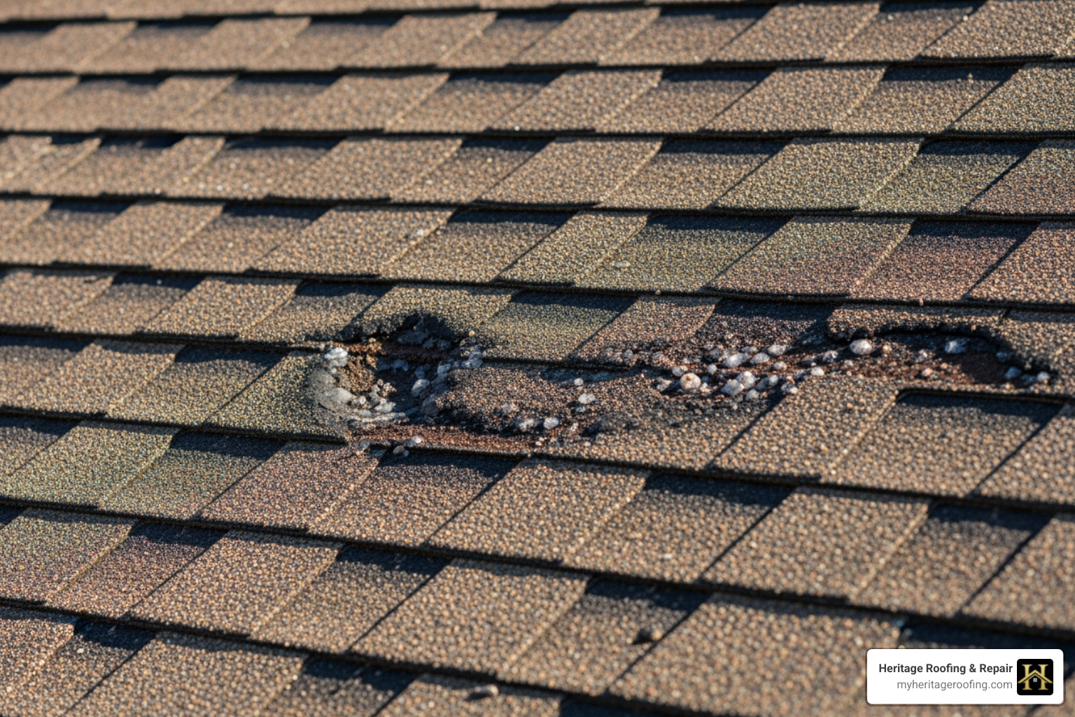 Hail-damaged asphalt shingles showing loss of protective granules and bruised mats - Roof claim assistance