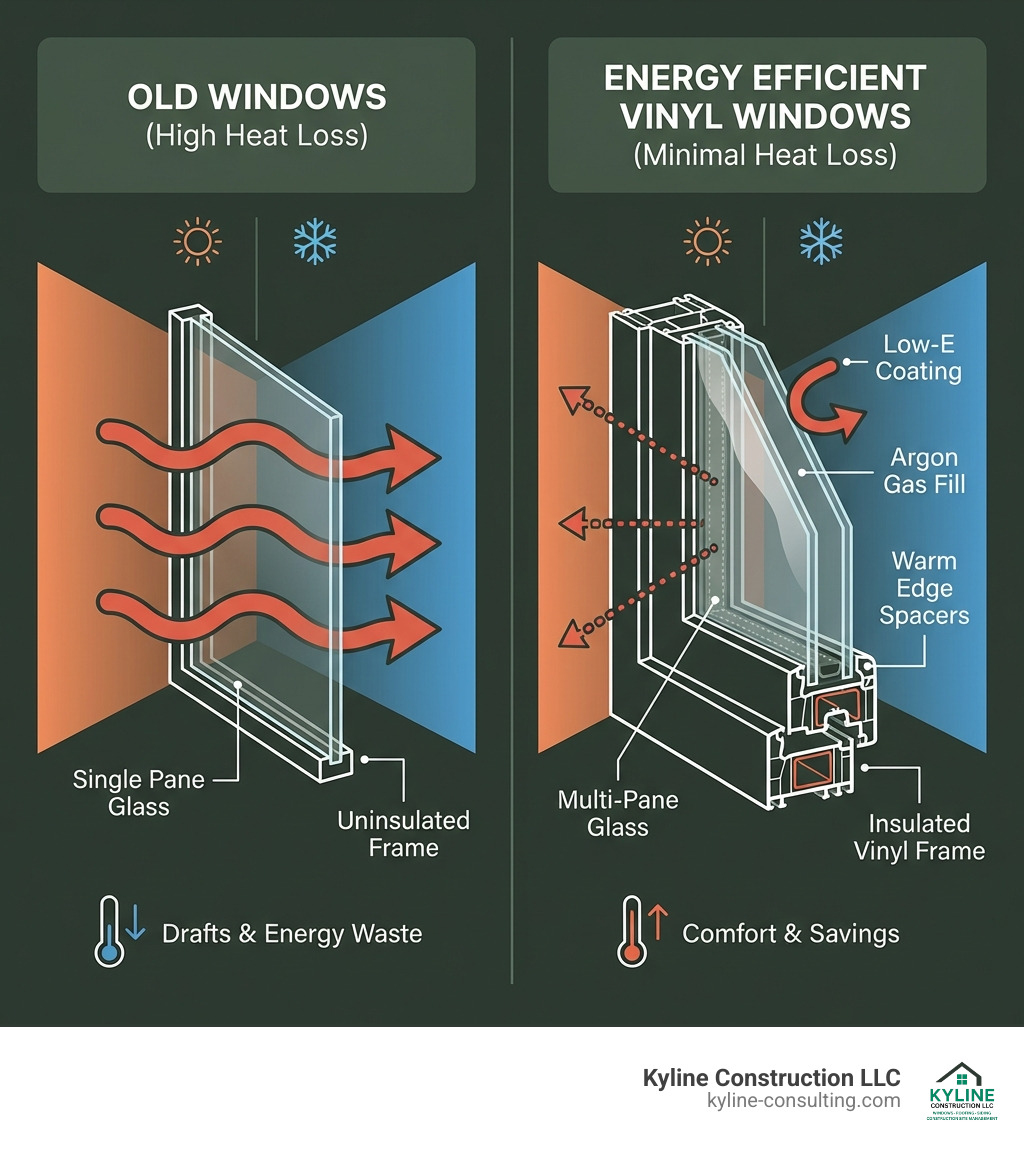 infographic showing heat loss through old windows vs energy efficient vinyl windows with labeled components including multi-pane glass, low-e coating, argon gas fill, insulated frames, and warm edge spacers - Energy efficient vinyl windows infographic 