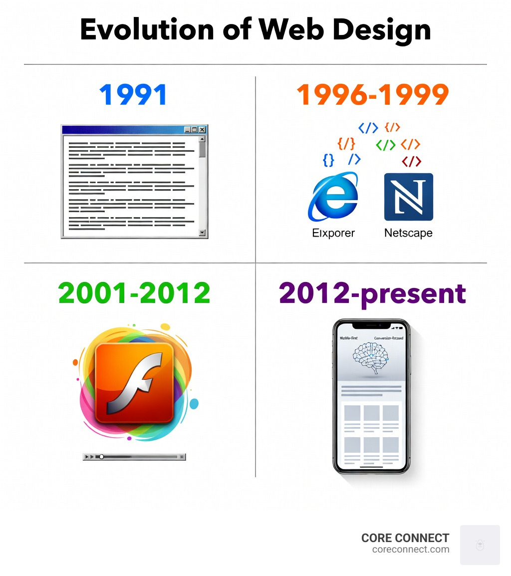 Infographic showing the evolution of web design: 1991 - Text-only HTML pages; 1996-1999 - Browser wars introduce CSS and JavaScript; 2001-2012 - Dynamic websites and Flash; 2012-present - Mobile-first responsive design, AI tools, and conversion-focused architecture - website design infographic 