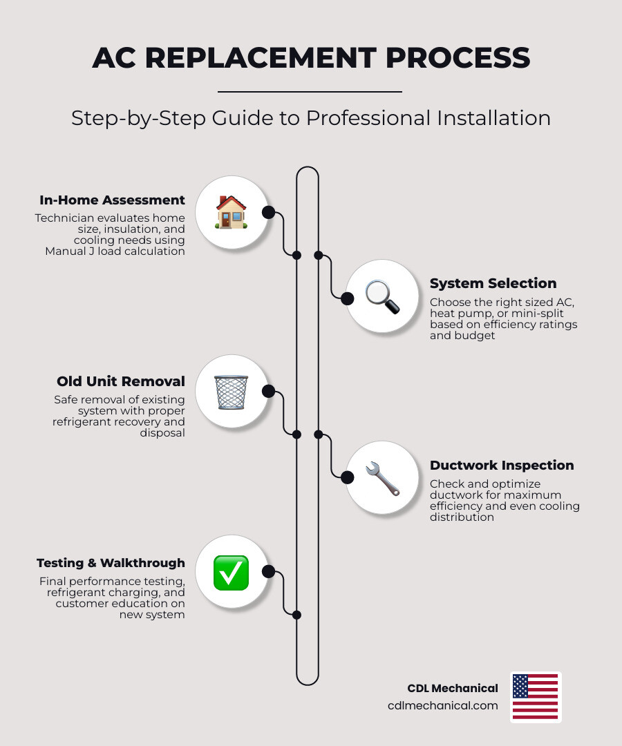 Infographic showing the AC replacement process: initial assessment and load calculation, system selection based on home needs and budget, financing and rebate application, professional installation with ductwork inspection, and final testing and walkthrough - ac replacement affordable in peoria, az infographic infographic-line-5-steps-elegant_beige Infographic showing the AC replacement process: initial assessment and load calculation, system selection based on home needs and budget, financing and rebate application, professional installation with ductwork inspection, and final testing and walkthrough - ac replacement affordable in peoria, az infographic infographic-line-5-steps-elegant_beige