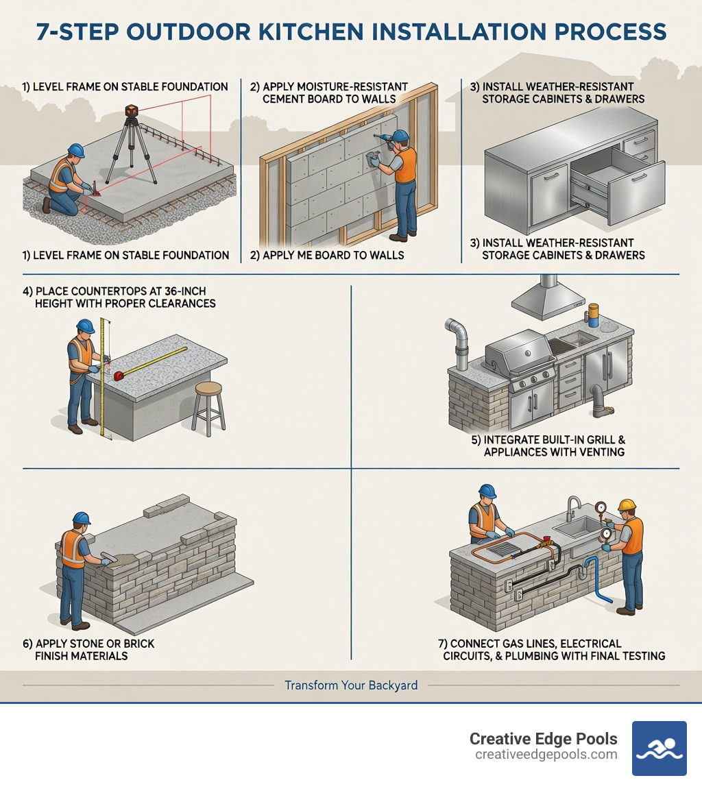 Infographic showing the 7-step outdoor kitchen installation process: 1) Level frame on stable foundation, 2) Apply moisture-resistant cement board to walls, 3) Install weather-resistant storage cabinets and drawers, 4) Place countertops at 36-inch height with proper clearances, 5) Integrate built-in grill and appliances with venting, 6) Apply stone or brick finish materials, 7) Connect gas lines, electrical circuits, and plumbing with final testing - outdoor kitchen installation infographic Infographic showing the 7-step outdoor kitchen installation process: 1) Level frame on stable foundation, 2) Apply moisture-resistant cement board to walls, 3) Install weather-resistant storage cabinets and drawers, 4) Place countertops at 36-inch height with proper clearances, 5) Integrate built-in grill and appliances with venting, 6) Apply stone or brick finish materials, 7) Connect gas lines, electrical circuits, and plumbing with final testing - outdoor kitchen installation infographic