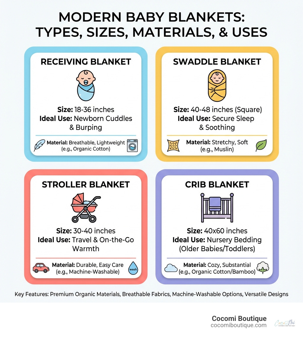 infographic showing different types of modern baby blankets with their sizes, materials, and ideal uses - including receiving blankets at 18-36 inches for newborns, swaddle blankets at 40-48 inches square for sleep, stroller blankets at 30-40 inches for travel, and crib blankets at 40x60 inches for nursery use, with material recommendations like organic cotton muslin for breathability and machine-washable options for easy care - Modern baby blanket infographic 