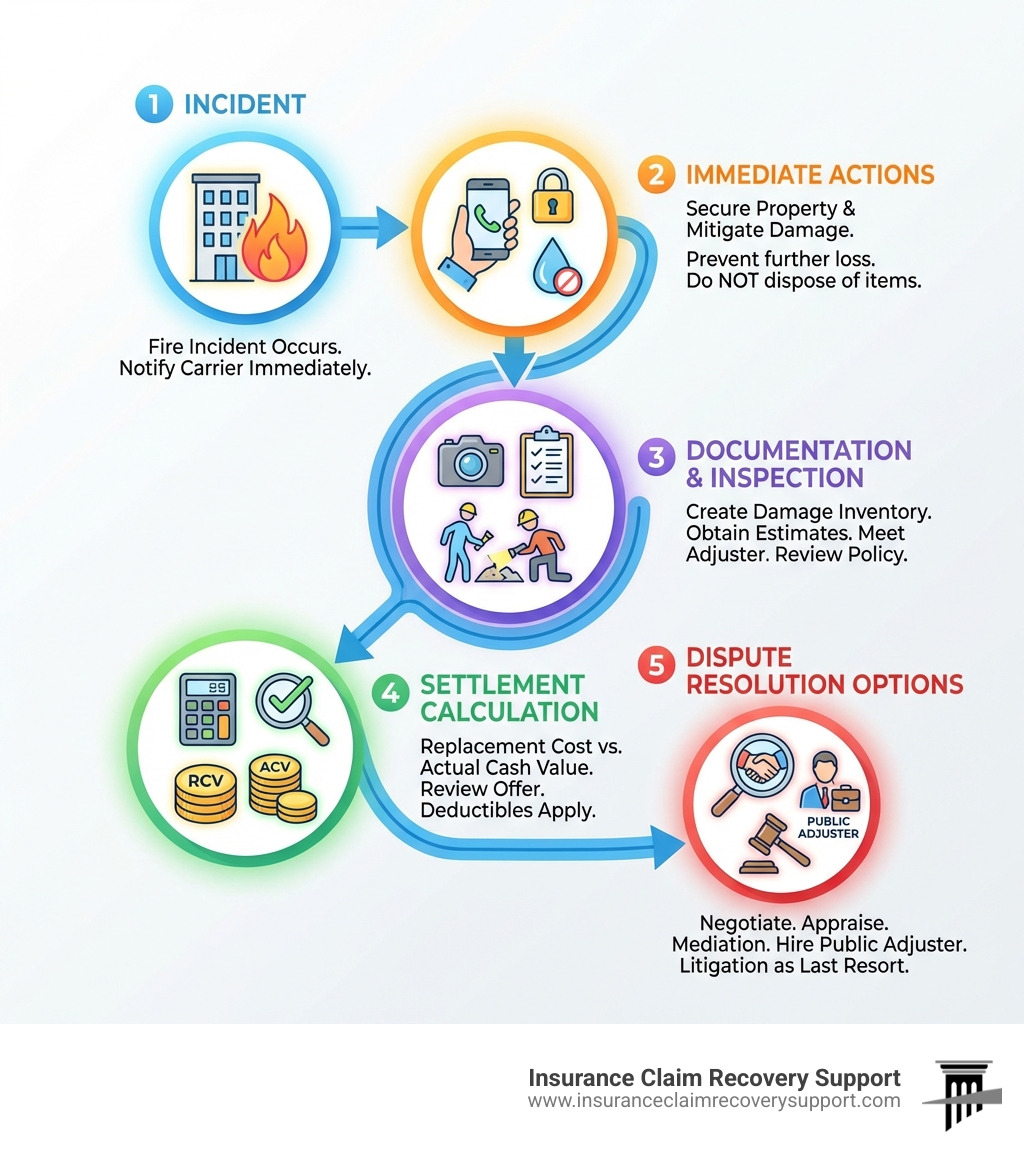 detailed infographic showing fire insurance claim process from incident through settlement including immediate actions, documentation requirements, adjuster inspection, settlement calculation, and dispute resolution options - Insurance claim fire damage infographic detailed infographic showing fire insurance claim process from incident through settlement including immediate actions, documentation requirements, adjuster inspection, settlement calculation, and dispute resolution options - Insurance claim fire damage infographic