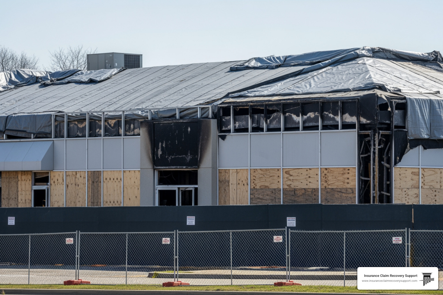 a secured commercial site with boarded windows and fencing - Insurance claim fire damage a secured commercial site with boarded windows and fencing - Insurance claim fire damage