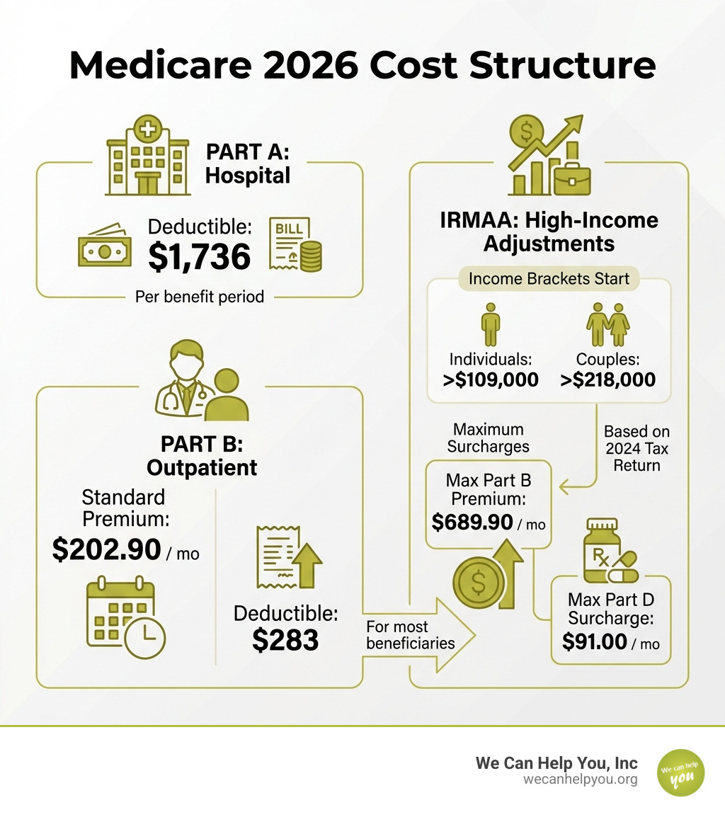Infographic showing 2026 Medicare cost structure with Part A hospital deductible of $1,736, Part B standard premium of $202.90 per month, Part B deductible of $283, and IRMAA income brackets starting at $109,000 for individuals and $218,000 for couples, with maximum premiums reaching $689.90 for Part B and additional Part D surcharges up to $91.00 - medicare premiums 2026 infographic 