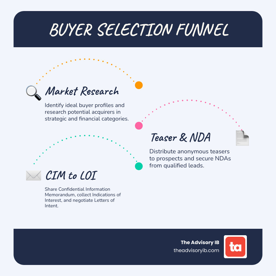 infographic showing the buyer selection funnel from initial market research through teaser distribution NDA execution CIM distribution IOI collection LOI negotiation due diligence and purchase agreement - Finding the right buyer infographic infographic-line-3-steps-blues-accent_colors