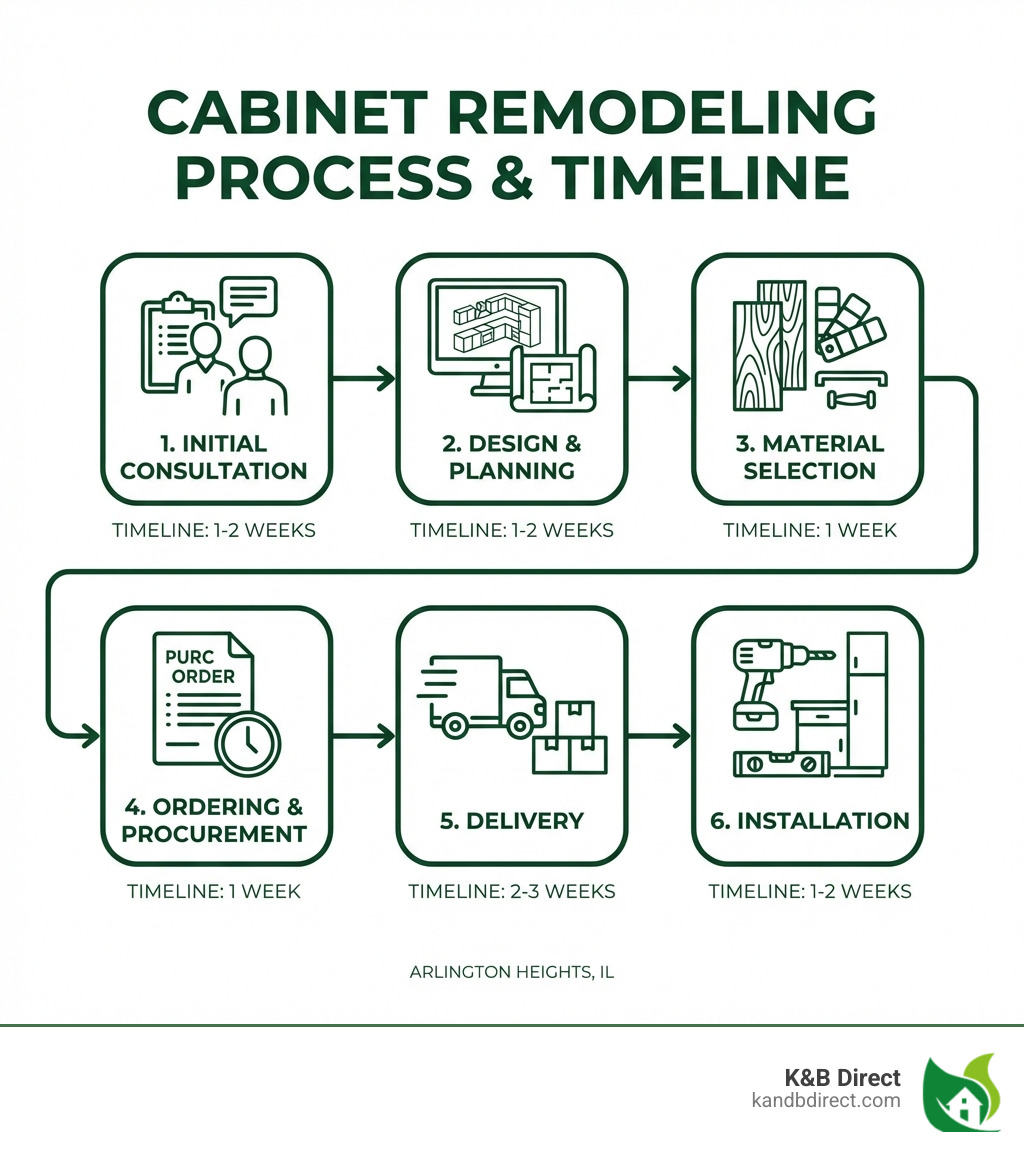 infographic showing the cabinet remodeling process from initial consultation through design, material selection, ordering, delivery, and installation with typical timelines for each phase - Arlington Heights cabinets infographic infographic showing the cabinet remodeling process from initial consultation through design, material selection, ordering, delivery, and installation with typical timelines for each phase - Arlington Heights cabinets infographic