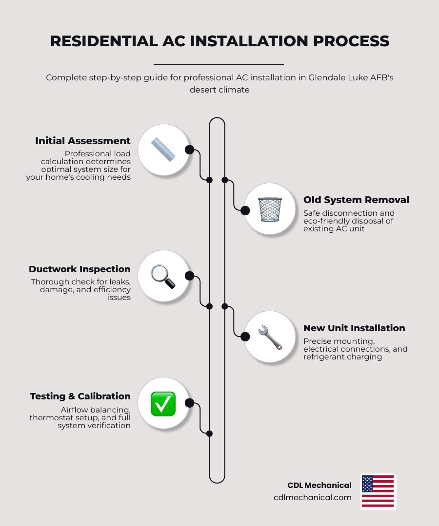 Infographic showing the complete residential AC installation process from initial home assessment through final system testing and homeowner orientation, including key steps like load calculation, old unit removal, ductwork inspection, refrigerant charging, airflow balancing, and warranty activation, with typical timeframes for each phase in Glendale Luke AFB's desert climate - ac installation in glendale luke afb, az infographic infographic-line-5-steps-elegant_beige Infographic showing the complete residential AC installation process from initial home assessment through final system testing and homeowner orientation, including key steps like load calculation, old unit removal, ductwork inspection, refrigerant charging, airflow balancing, and warranty activation, with typical timeframes for each phase in Glendale Luke AFB's desert climate - ac installation in glendale luke afb, az infographic infographic-line-5-steps-elegant_beige