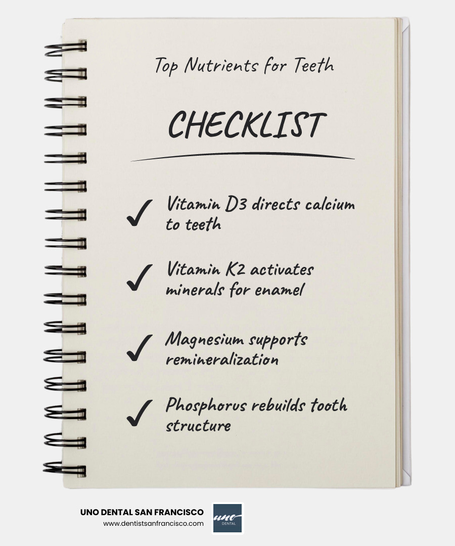 Infographic showing the top 5 nutrients for oral health: Vitamin D3, Vitamin K2, Magnesium, Calcium, and Phosphorus, along with food sources like leafy greens, grass-fed butter, and nuts - Holistic Oral Health infographic checklist-notebook Infographic showing the top 5 nutrients for oral health: Vitamin D3, Vitamin K2, Magnesium, Calcium, and Phosphorus, along with food sources like leafy greens, grass-fed butter, and nuts - Holistic Oral Health infographic checklist-notebook