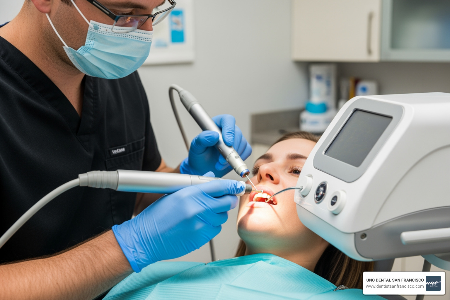 Modern dental laser being used for a minimally invasive procedure, highlighting precision and patient comfort - Holistic Oral Health Modern dental laser being used for a minimally invasive procedure, highlighting precision and patient comfort - Holistic Oral Health