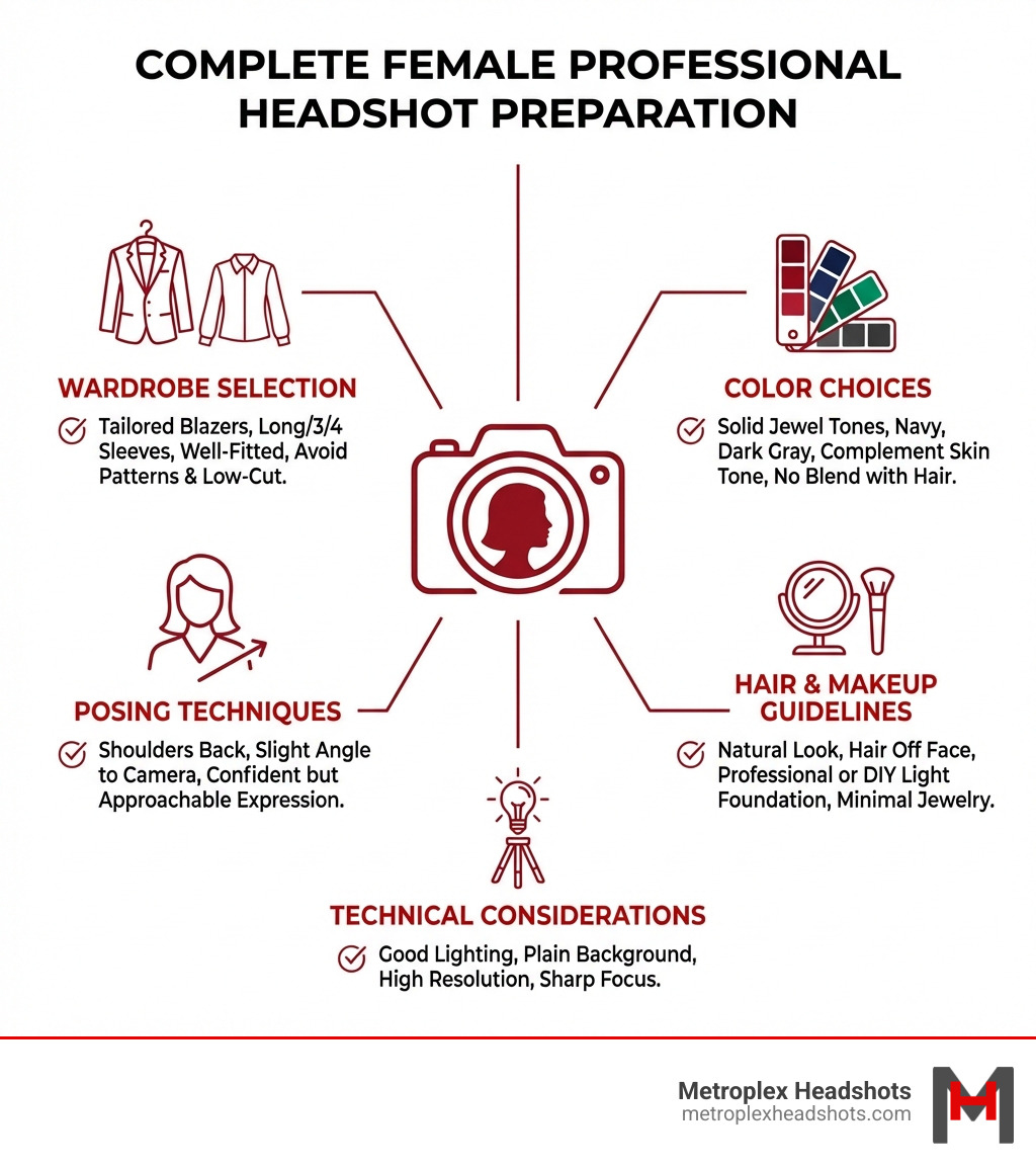 Complete preparation checklist for female professional headshots including wardrobe selection, color choices, posing techniques, hair and makeup guidelines, and technical considerations - female professional headshot infographic Complete preparation checklist for female professional headshots including wardrobe selection, color choices, posing techniques, hair and makeup guidelines, and technical considerations - female professional headshot infographic
