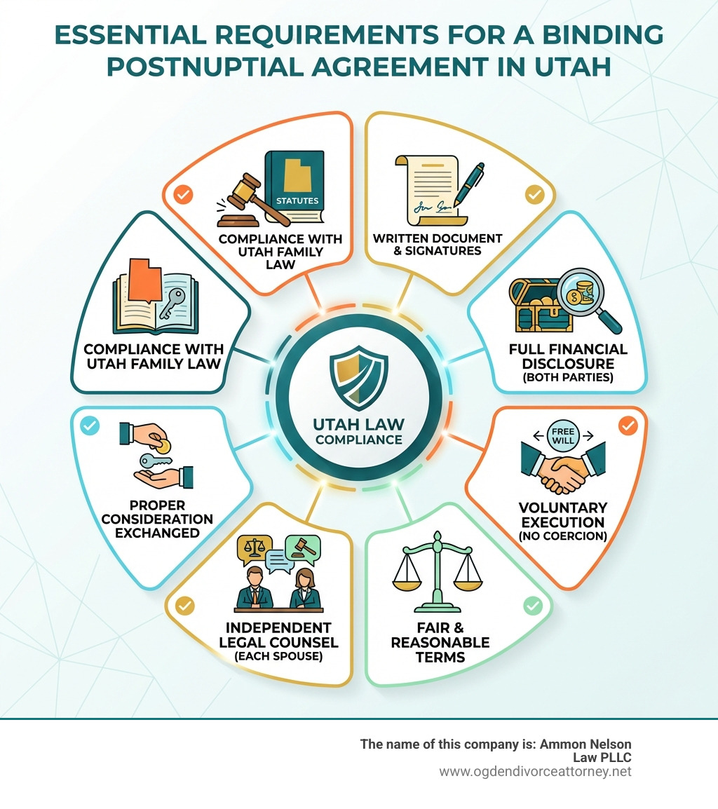 infographic showing the essential requirements for a binding postnuptial agreement in Utah: written document with signatures, full financial disclosure from both parties, voluntary execution without coercion, fair and reasonable terms, independent legal counsel for each spouse, proper consideration exchanged, and compliance with Utah family law statutes - are post nuptial agreements binding infographic infographic showing the essential requirements for a binding postnuptial agreement in Utah: written document with signatures, full financial disclosure from both parties, voluntary execution without coercion, fair and reasonable terms, independent legal counsel for each spouse, proper consideration exchanged, and compliance with Utah family law statutes - are post nuptial agreements binding infographic