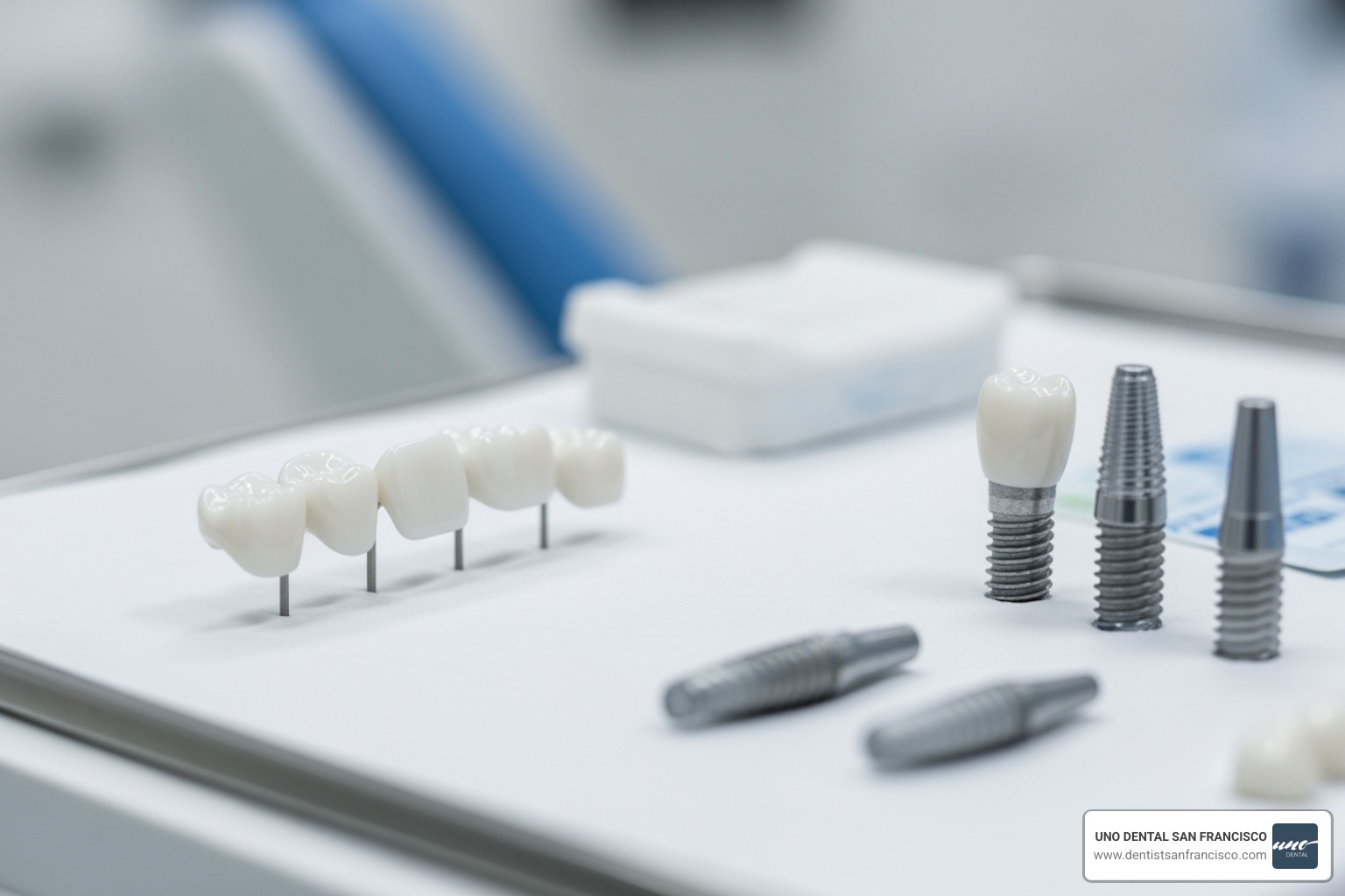 Biocompatible dental materials including ceramic crowns and Zirconia implants displayed on a clean, clinical surface - Holistic Oral Health Biocompatible dental materials including ceramic crowns and Zirconia implants displayed on a clean, clinical surface - Holistic Oral Health