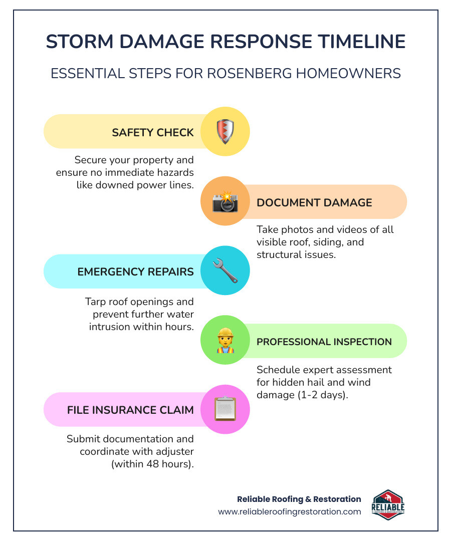 Detailed infographic showing step-by-step storm damage response timeline for Rosenberg homeowners, including immediate safety checks, documentation procedures, emergency repairs, professional inspection scheduling, insurance claim filing steps, and restoration phases with typical timeframes for each stage - rosenberg tx storm damage infographic infographic-line-5-steps-colors