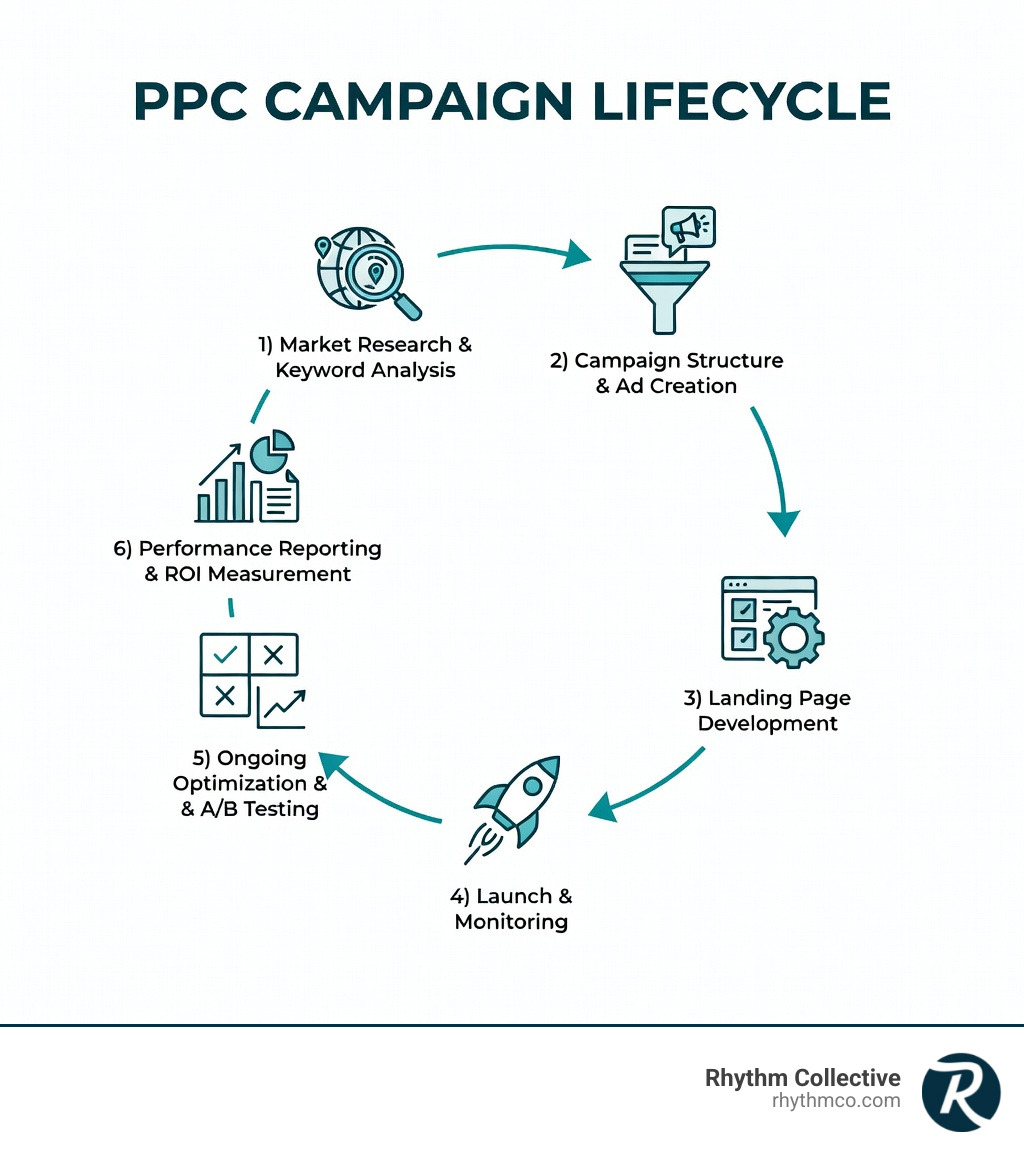 Infographic showing the PPC campaign lifecycle: 1) Market Research & Keyword Analysis, 2) Campaign Structure & Ad Creation, 3) Landing Page Development, 4) Launch & Monitoring, 5) Ongoing Optimization & A/B Testing, 6) Performance Reporting & ROI Measurement - PPC management Knoxville TN infographic Infographic showing the PPC campaign lifecycle: 1) Market Research & Keyword Analysis, 2) Campaign Structure & Ad Creation, 3) Landing Page Development, 4) Launch & Monitoring, 5) Ongoing Optimization & A/B Testing, 6) Performance Reporting & ROI Measurement - PPC management Knoxville TN infographic