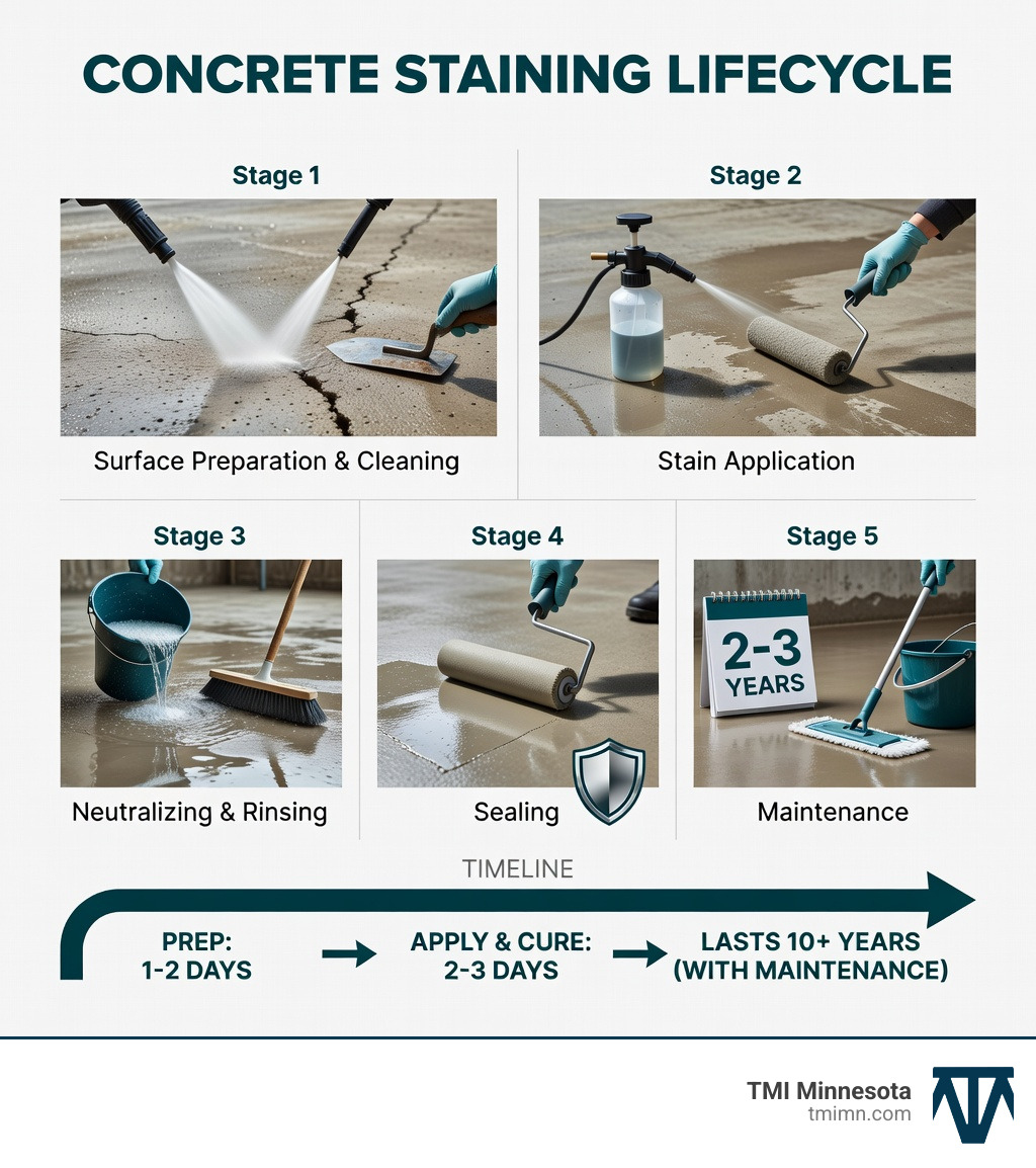Infographic showing the concrete staining lifecycle: 1) Surface preparation and cleaning (pressure wash, degrease, repair cracks), 2) Stain application (acid-based or water-based, applied with sprayer or roller), 3) Neutralizing and rinsing (for acid stains), 4) Sealing (UV-resistant acrylic sealer), 5) Maintenance (periodic resealing every 2-3 years, routine cleaning). Timeline shows preparation takes 1-2 days, application and curing 2-3 days, with results lasting 10+ years when properly maintained. - Stained concrete driveway infographic Infographic showing the concrete staining lifecycle: 1) Surface preparation and cleaning (pressure wash, degrease, repair cracks), 2) Stain application (acid-based or water-based, applied with sprayer or roller), 3) Neutralizing and rinsing (for acid stains), 4) Sealing (UV-resistant acrylic sealer), 5) Maintenance (periodic resealing every 2-3 years, routine cleaning). Timeline shows preparation takes 1-2 days, application and curing 2-3 days, with results lasting 10+ years when properly maintained. - Stained concrete driveway infographic