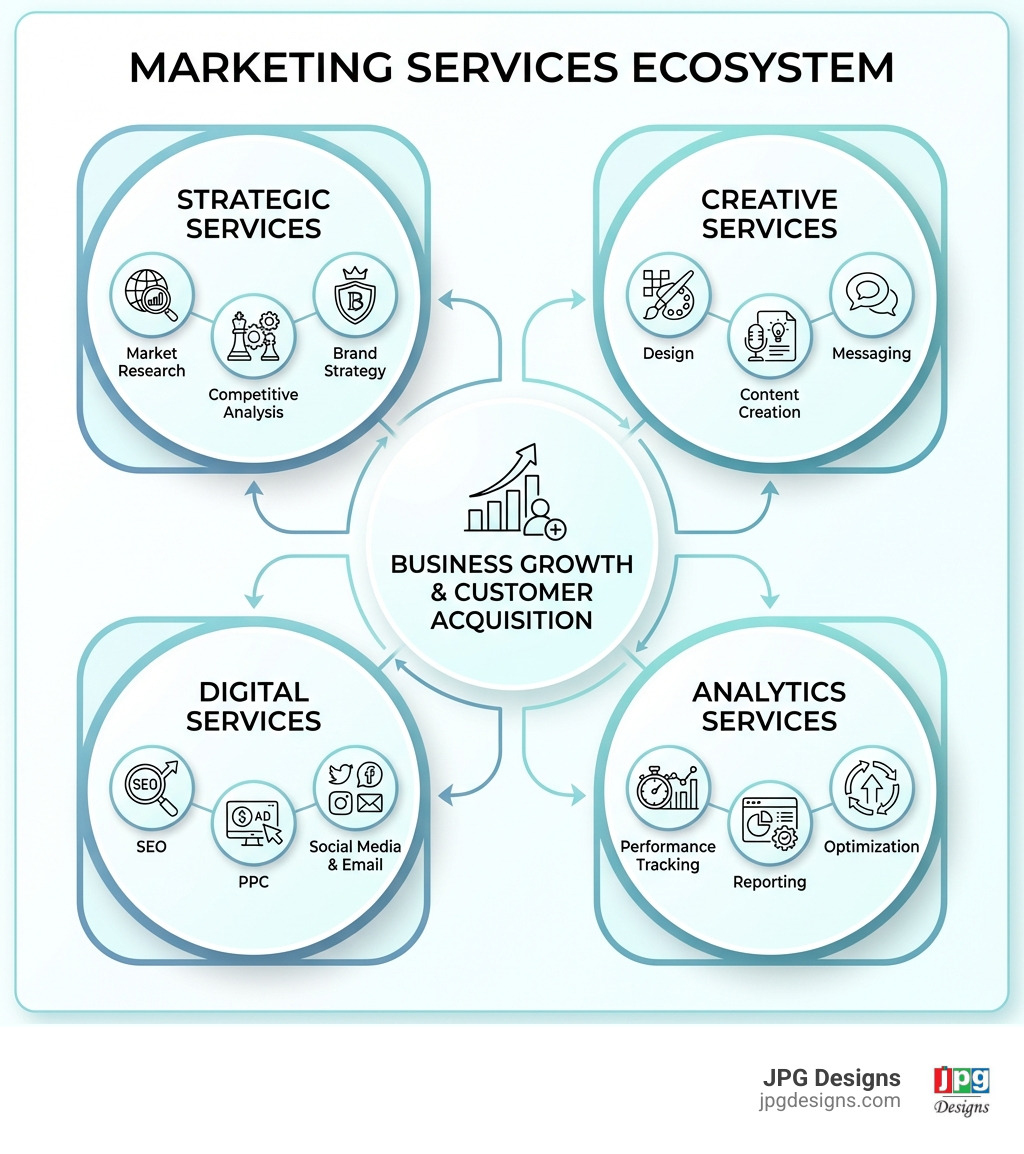 Infographic showing the marketing services ecosystem with four main categories: Strategic Services (market research, competitive analysis, brand strategy), Creative Services (design, content creation, messaging), Digital Services (SEO, PPC, social media, email), and Analytics Services (performance tracking, reporting, optimization). Each category connects to a central goal of business growth and customer acquisition. - What are marketing services? infographic 