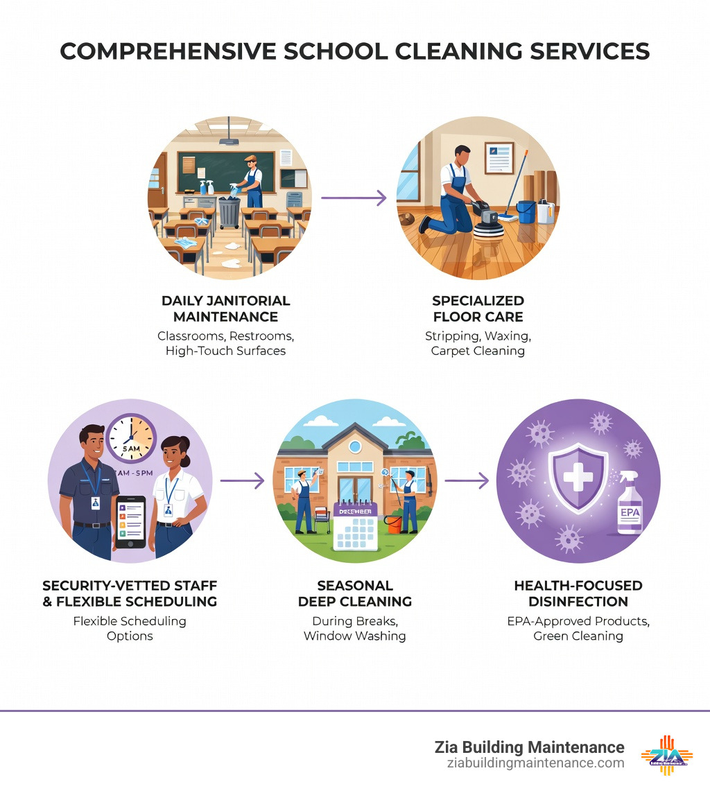 infographic showing comprehensive school cleaning services including daily janitorial maintenance for classrooms and restrooms, specialized floor care with stripping and waxing, health-focused disinfection using EPA-approved products, seasonal deep cleaning during breaks, and security-vetted staff with flexible scheduling options - school cleaning services infographic infographic showing comprehensive school cleaning services including daily janitorial maintenance for classrooms and restrooms, specialized floor care with stripping and waxing, health-focused disinfection using EPA-approved products, seasonal deep cleaning during breaks, and security-vetted staff with flexible scheduling options - school cleaning services infographic