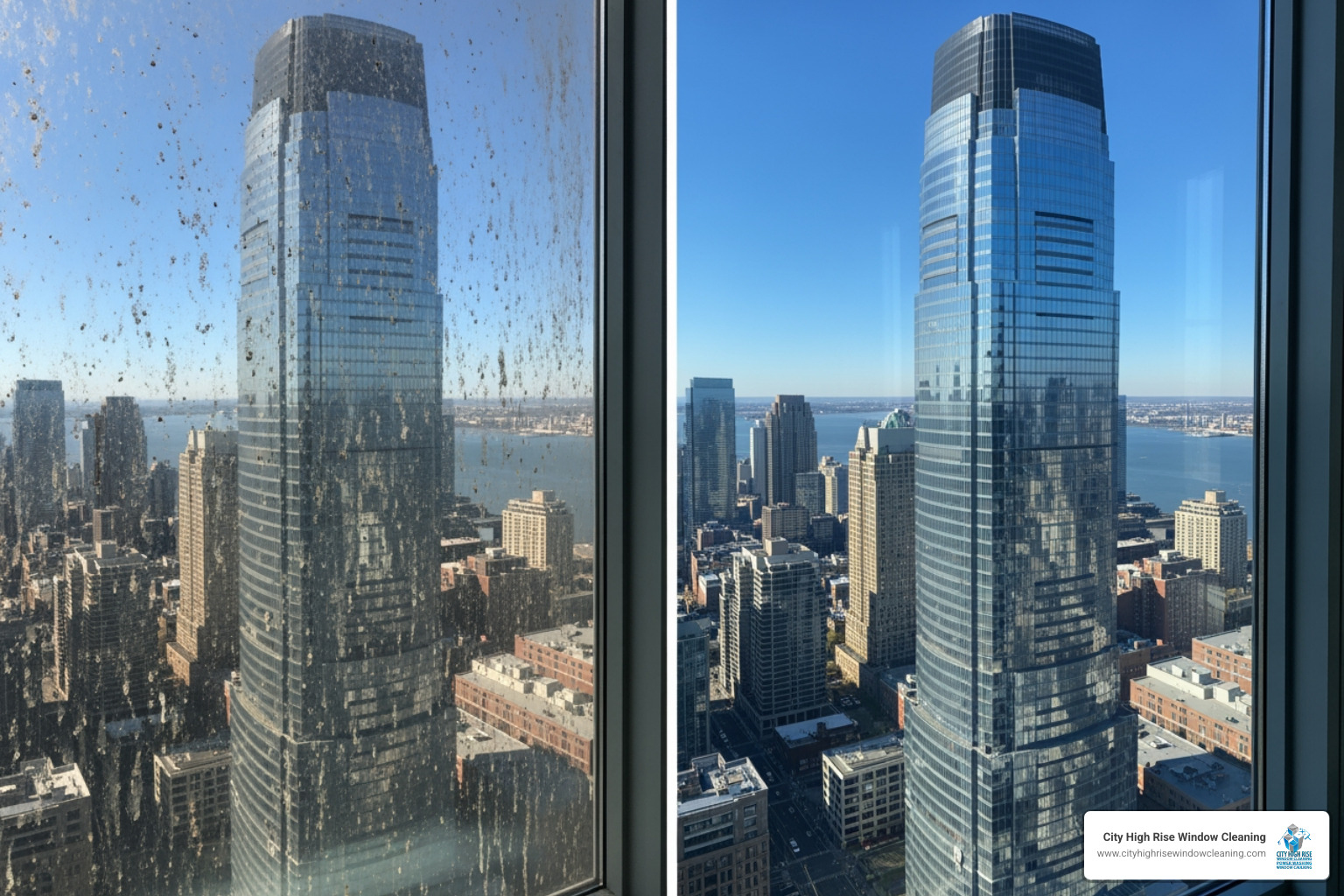 Comparison of a dirty high-rise window covered in urban soot and mineral deposits versus a professionally cleaned window showing clear reflections of the New Jersey skyline. - high rise window cleaning NJ Comparison of a dirty high-rise window covered in urban soot and mineral deposits versus a professionally cleaned window showing clear reflections of the New Jersey skyline. - high rise window cleaning NJ