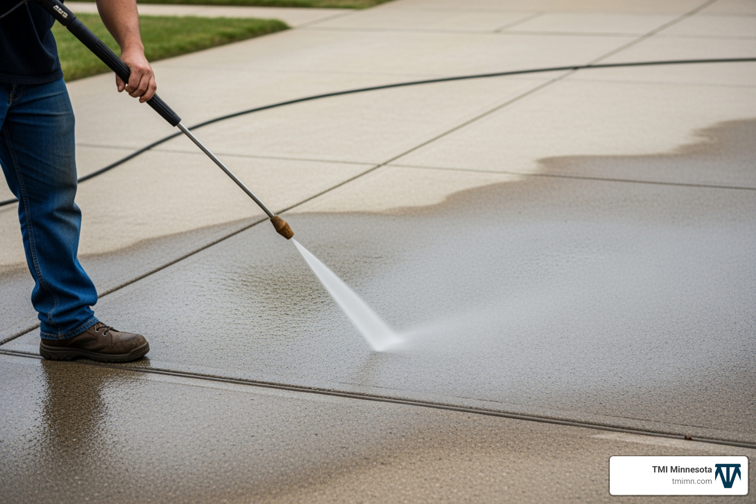 Professional using a high-powered pressure washer to clean a concrete driveway before staining. The water is removing years of dirt and grime, revealing the clean pores of the concrete. - Stained concrete driveway Professional using a high-powered pressure washer to clean a concrete driveway before staining. The water is removing years of dirt and grime, revealing the clean pores of the concrete. - Stained concrete driveway