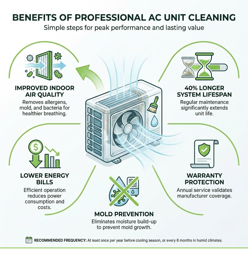 infographic showing the benefits of professional AC unit cleaning service including improved indoor air quality, 40% longer system lifespan, lower energy bills, warranty protection, and mold prevention - ac unit cleaning service infographic 