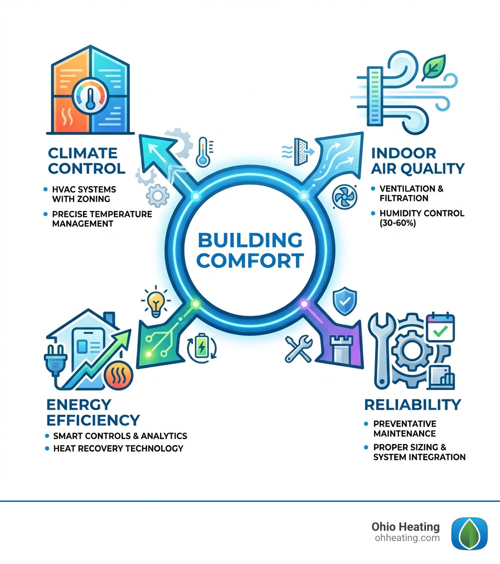 infographic showing the four pillars of building comfort: climate control (HVAC systems with zoning), indoor air quality (ventilation and filtration), energy efficiency (smart controls and heat recovery), and reliability (preventative maintenance and proper sizing) - Building comfort solutions infographic 