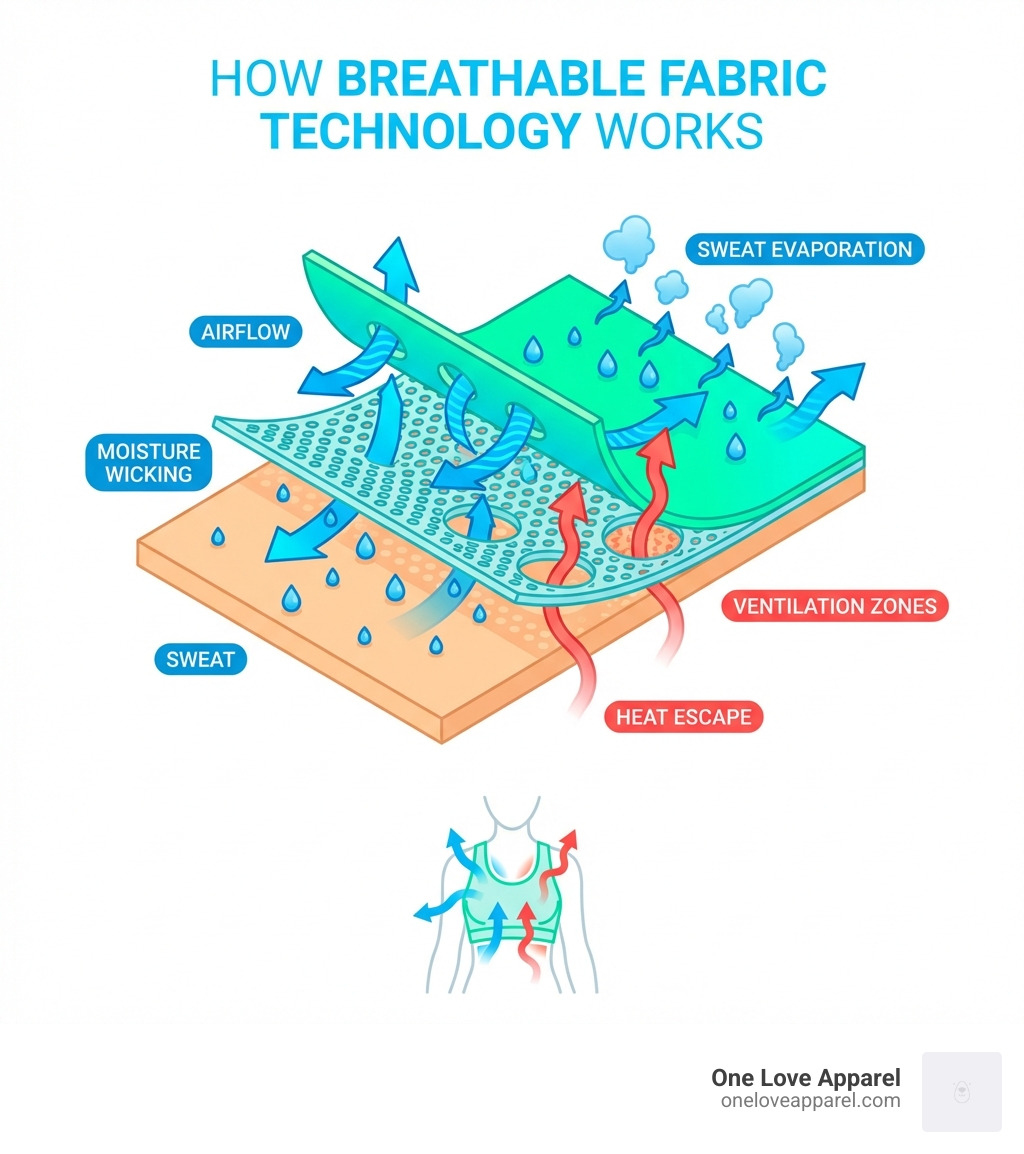 infographic showing how breathable fabric technology works with arrows indicating airflow moving through fabric mesh, moisture wicking away from skin surface, heat escaping through ventilation zones, and sweat evaporating on outer fabric layer - breathable sports top infographic infographic showing how breathable fabric technology works with arrows indicating airflow moving through fabric mesh, moisture wicking away from skin surface, heat escaping through ventilation zones, and sweat evaporating on outer fabric layer - breathable sports top infographic