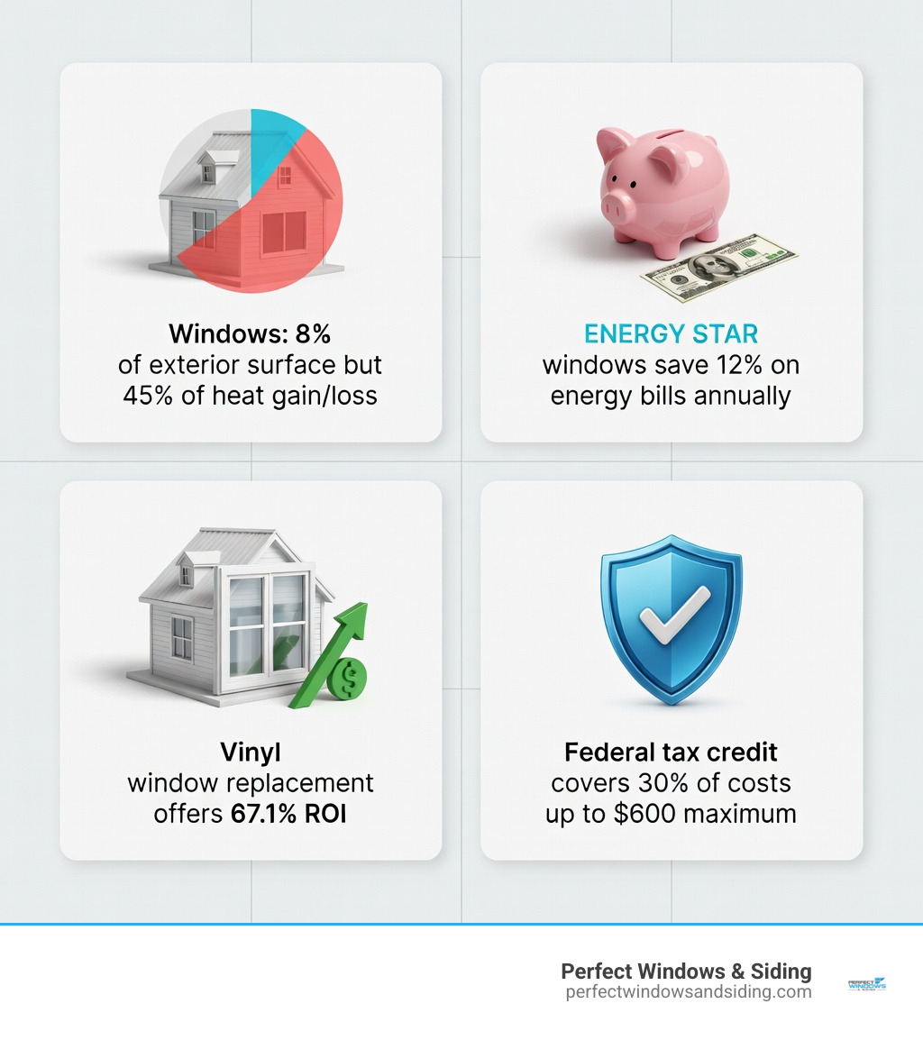 infographic showing window heat loss statistics: windows represent 8% of exterior surface but cause 45% of heat gain or loss, ENERGY STAR windows save 12% on energy bills annually, vinyl window replacement offers 67.1% ROI, federal tax credit covers 30% of costs up to $600 maximum - Home window replacement infographic infographic showing window heat loss statistics: windows represent 8% of exterior surface but cause 45% of heat gain or loss, ENERGY STAR windows save 12% on energy bills annually, vinyl window replacement offers 67.1% ROI, federal tax credit covers 30% of costs up to $600 maximum - Home window replacement infographic