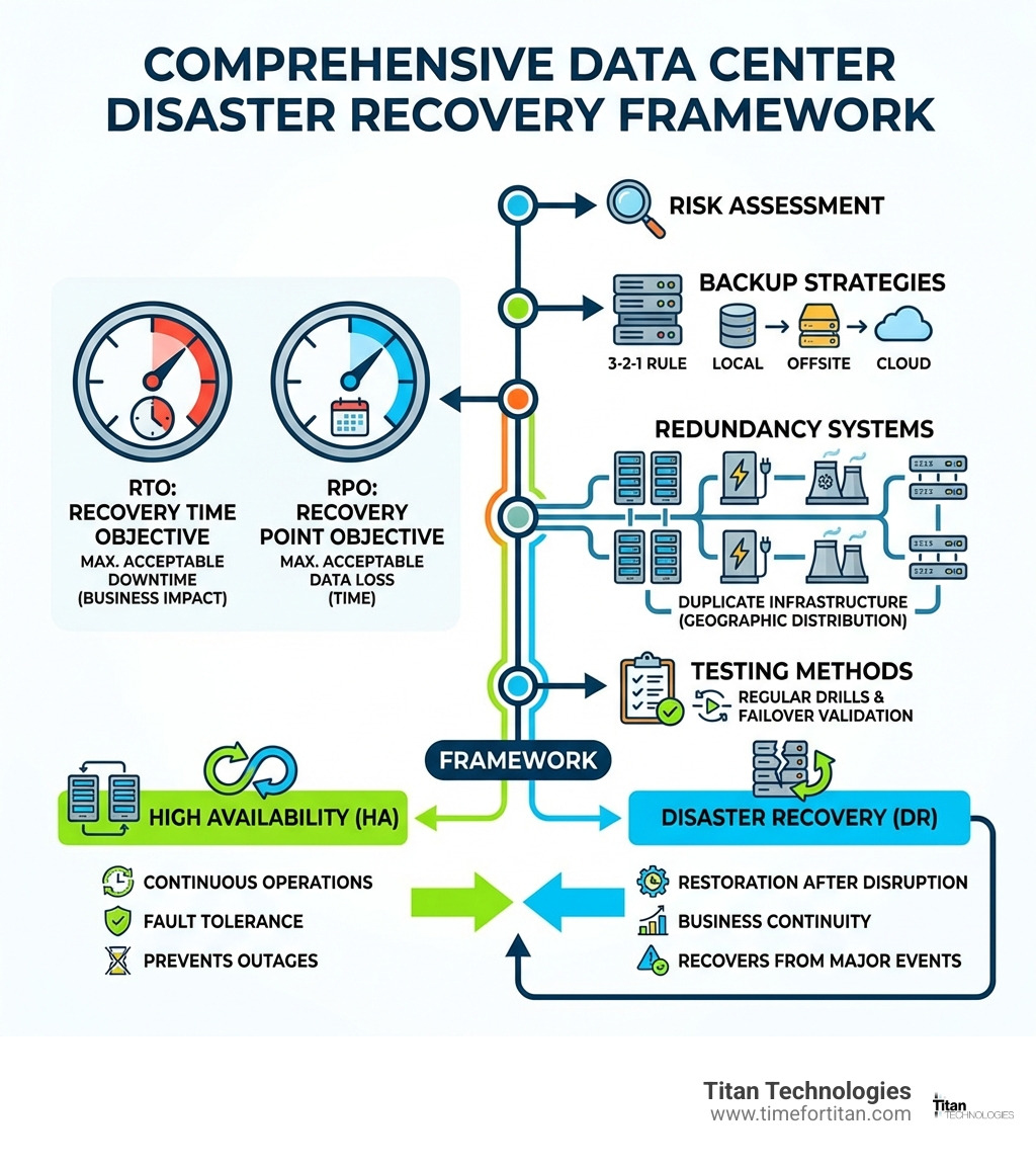 Infographic showing the comprehensive data center disaster recovery framework including risk assessment, backup strategies, RTO and RPO definitions, redundancy systems, testing methods, and the difference between High Availability and Disaster Recovery approaches - data center disaster recovery infographic 