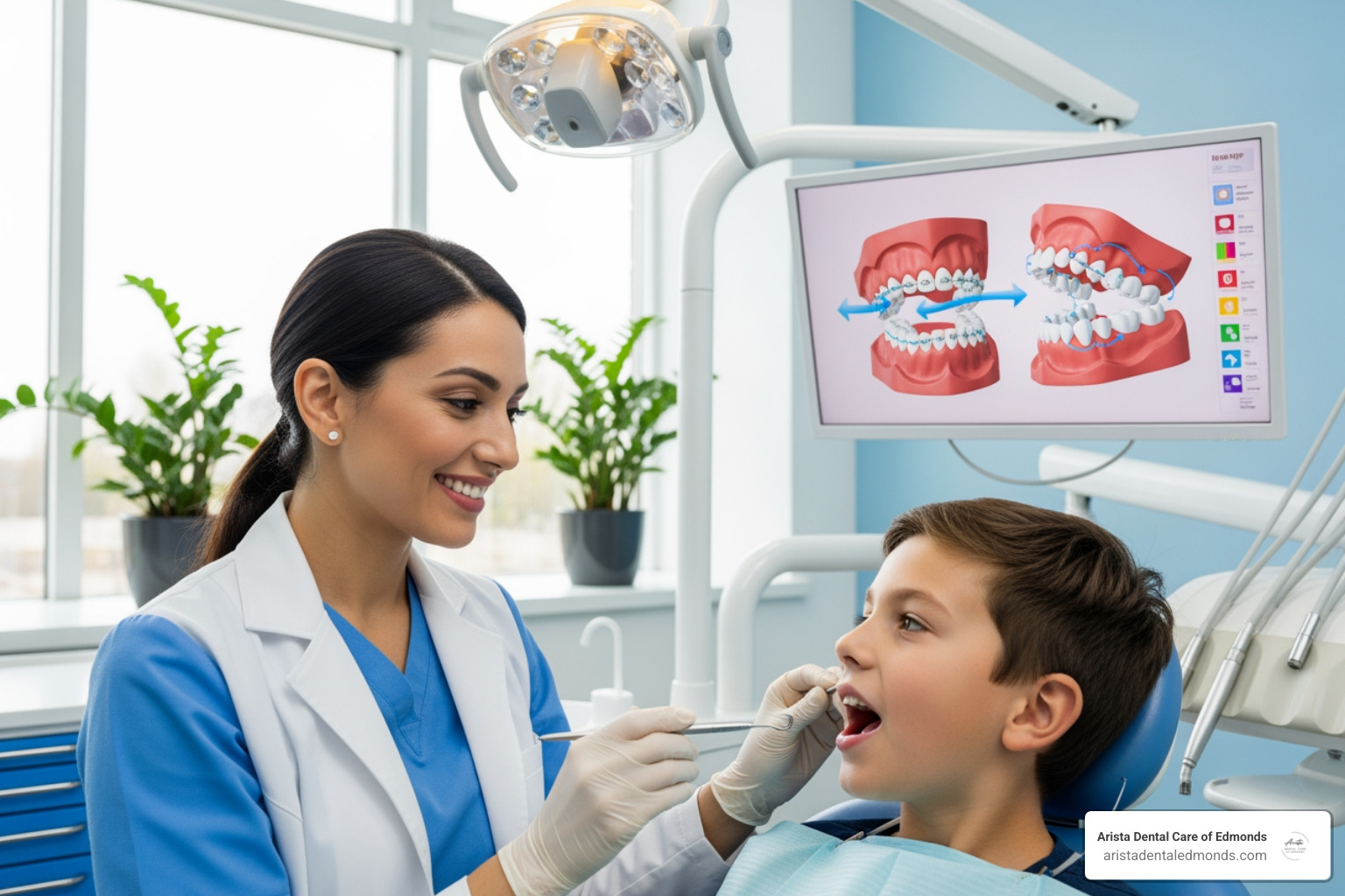 Dentist examining young boy's teeth with orthodontic digital display in modern dental office, emphasizing braces consultation and treatment options at Arista Dental Care.